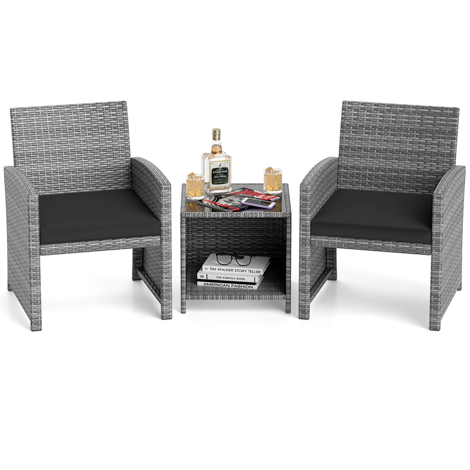 Ensemble de meubles de patio 3 PCS de Costway avec table basse en verre trempé et coussins de siège doux gris/noir/blanc