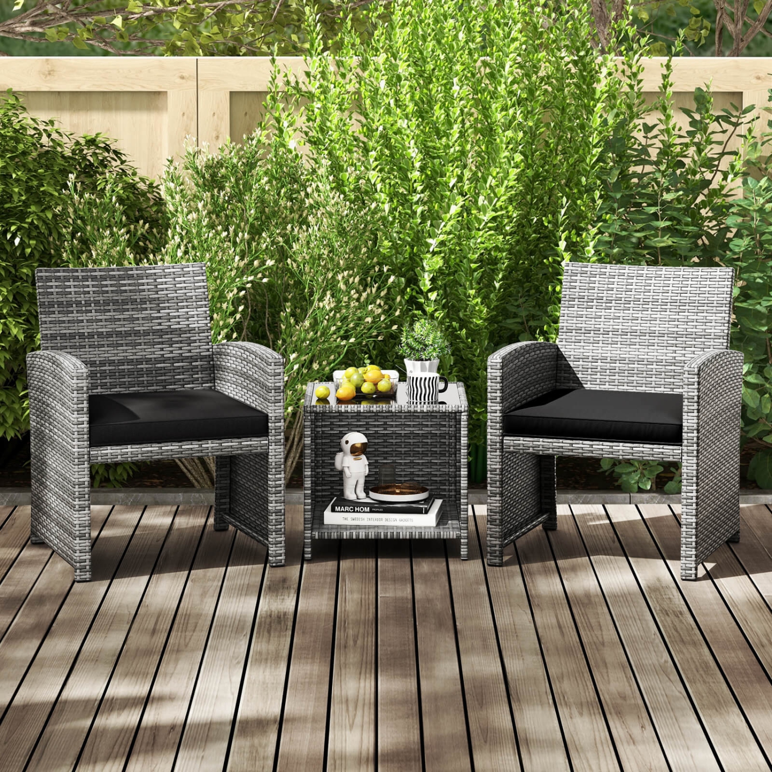 Ensemble de meubles de patio 3 PCS de Costway avec table basse en verre trempé et coussins de siège doux gris/noir/blanc