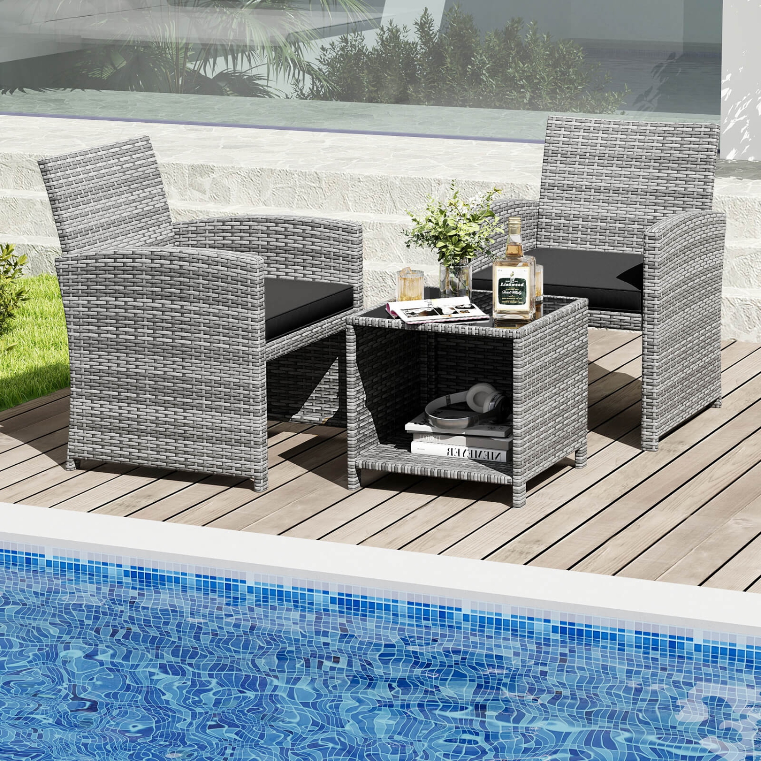Ensemble de meubles de patio 3 PCS de Costway avec table basse en verre trempé et coussins de siège doux gris/noir/blanc