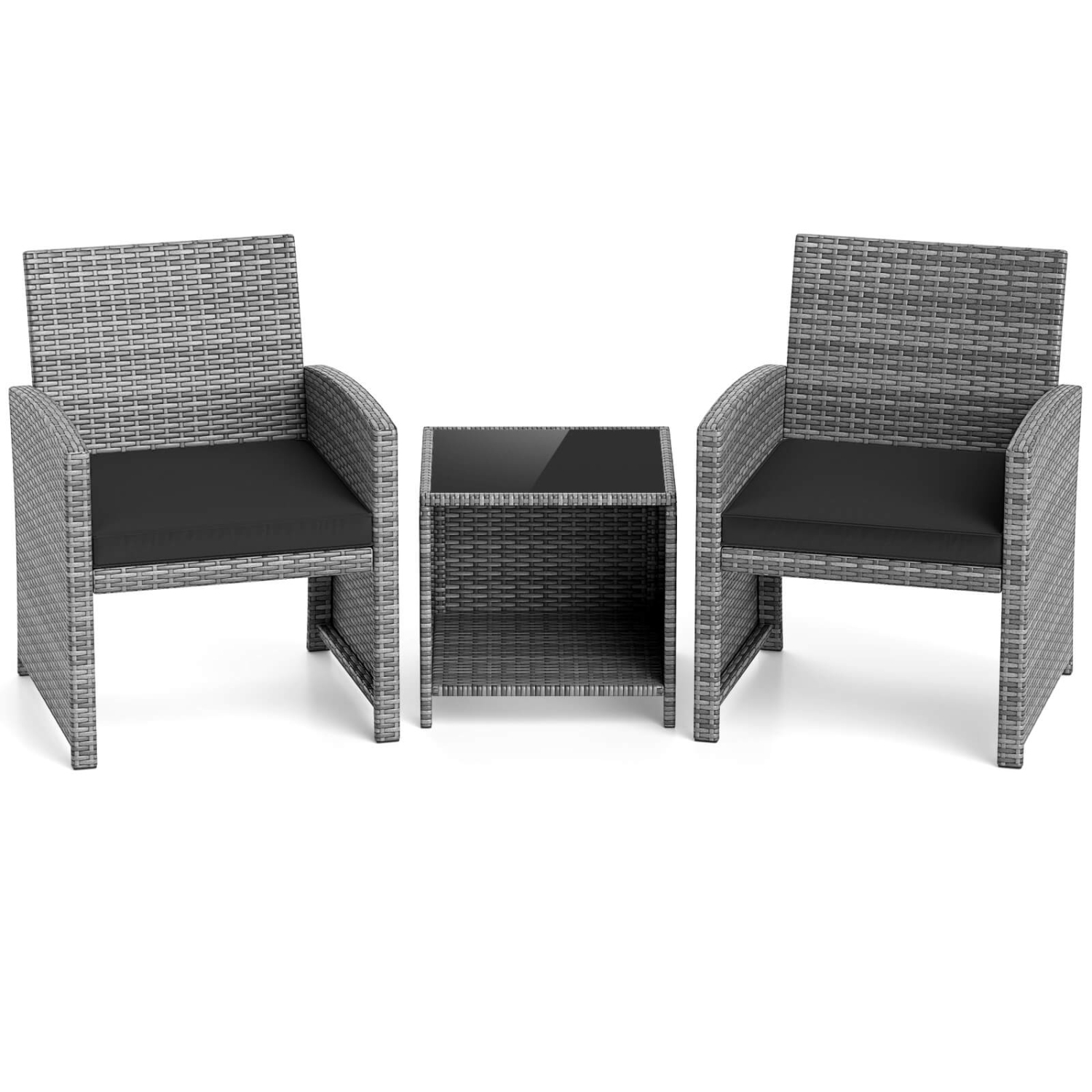 Ensemble de meubles de patio 3 PCS de Costway avec table basse en verre trempé et coussins de siège doux gris/noir/blanc