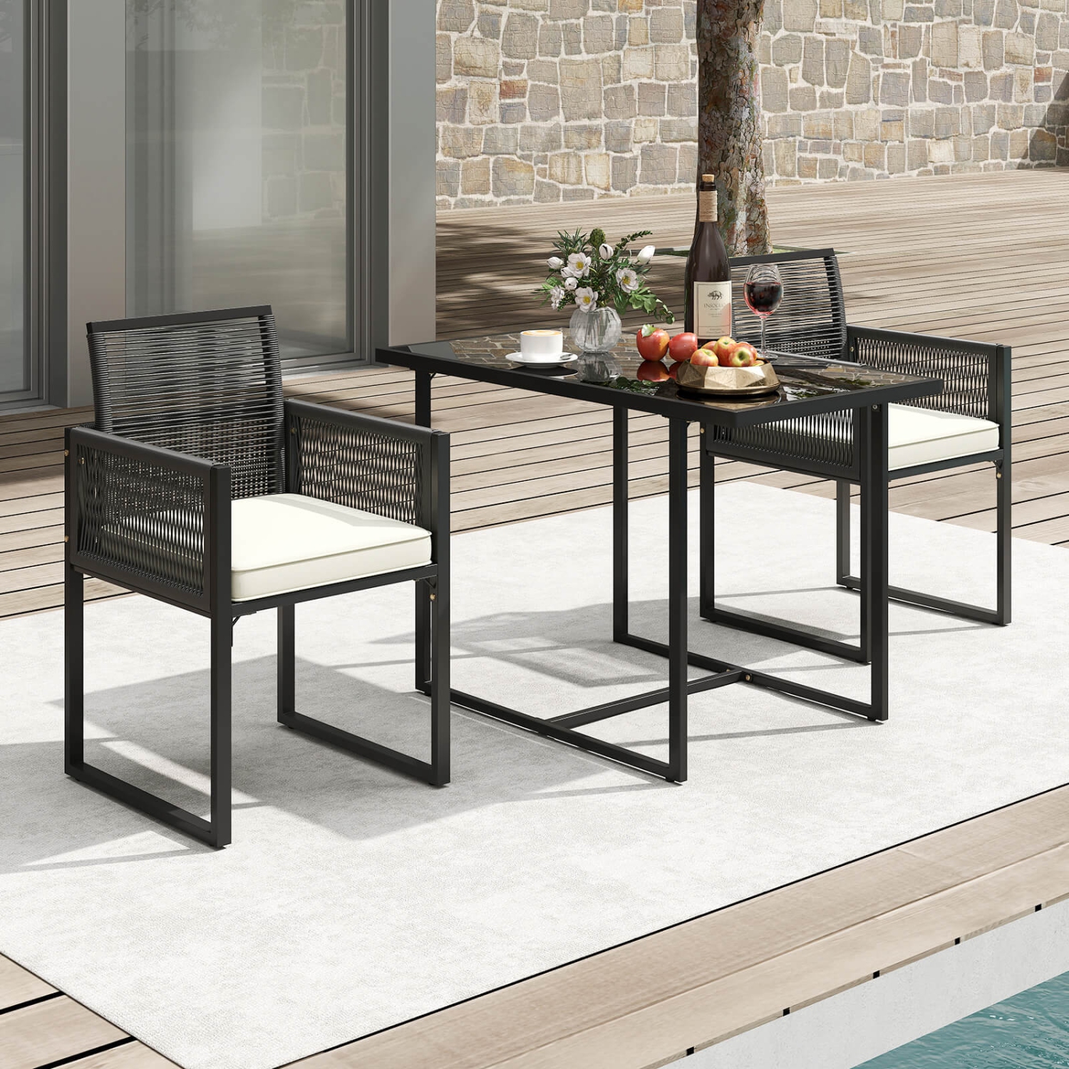 Ensemble de meubles de patio en osier PE 3 PCS de Costway&nbsp;– Chaises coussinées avec dossier pliable, arrière-cour noir/blanc