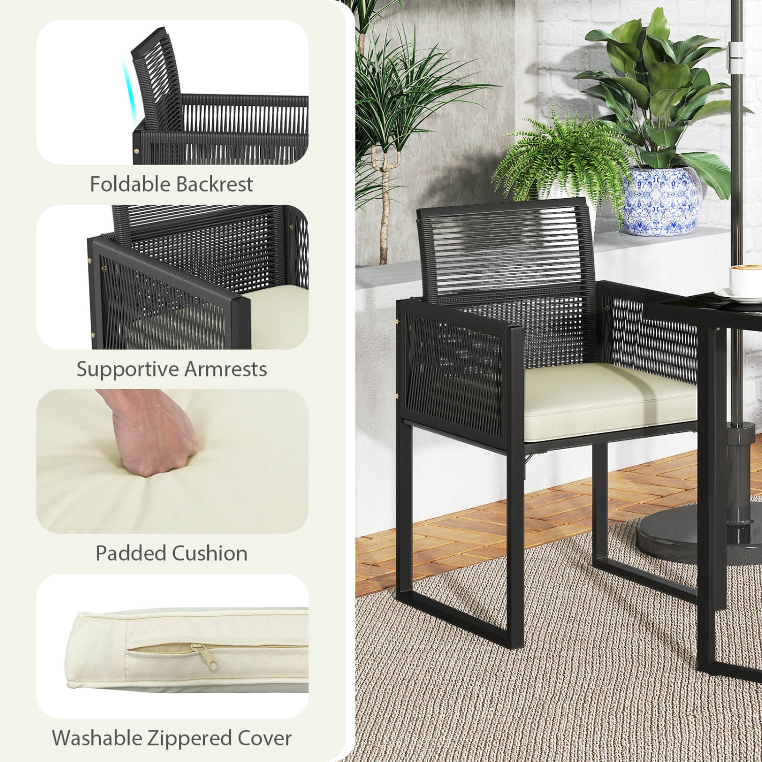 Ensemble de meubles de patio en osier PE 3 PCS de Costway&nbsp;– Chaises coussinées avec dossier pliable, arrière-cour noir/blanc