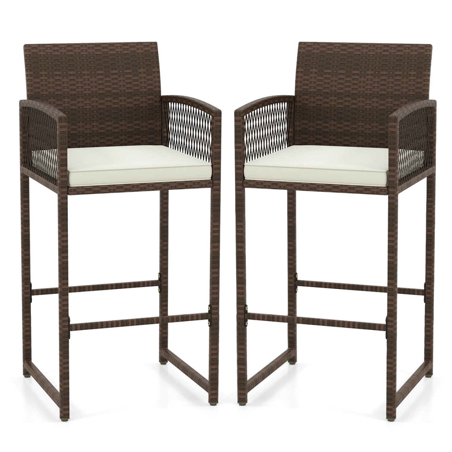 Costway Patio Bar Stools Set of 2/4 PE Rattan Bar Height Chairs with Backrests & Armrests