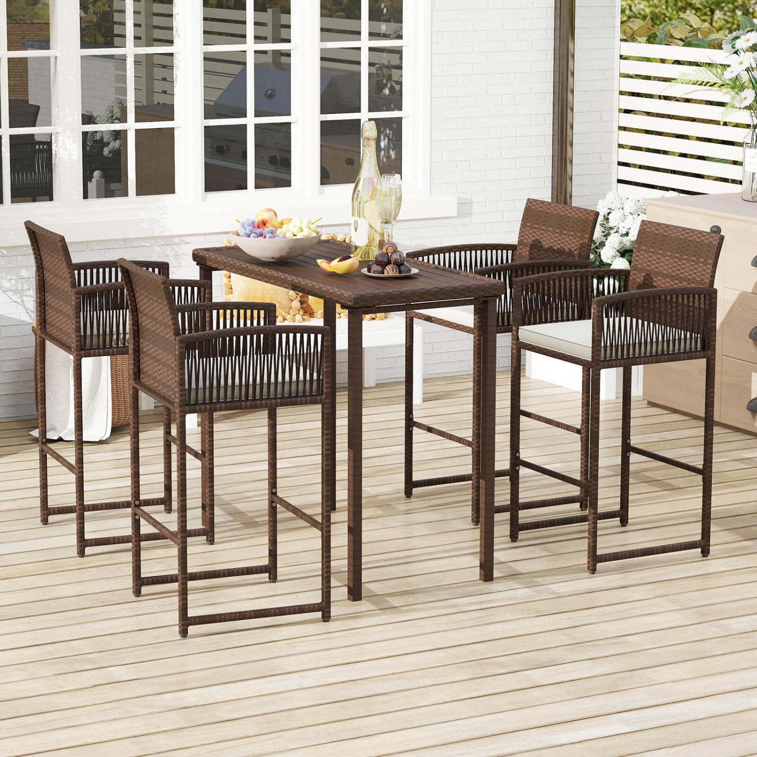 Costway Patio Bar Stools Set of 2/4 PE Rattan Bar Height Chairs with Backrests & Armrests