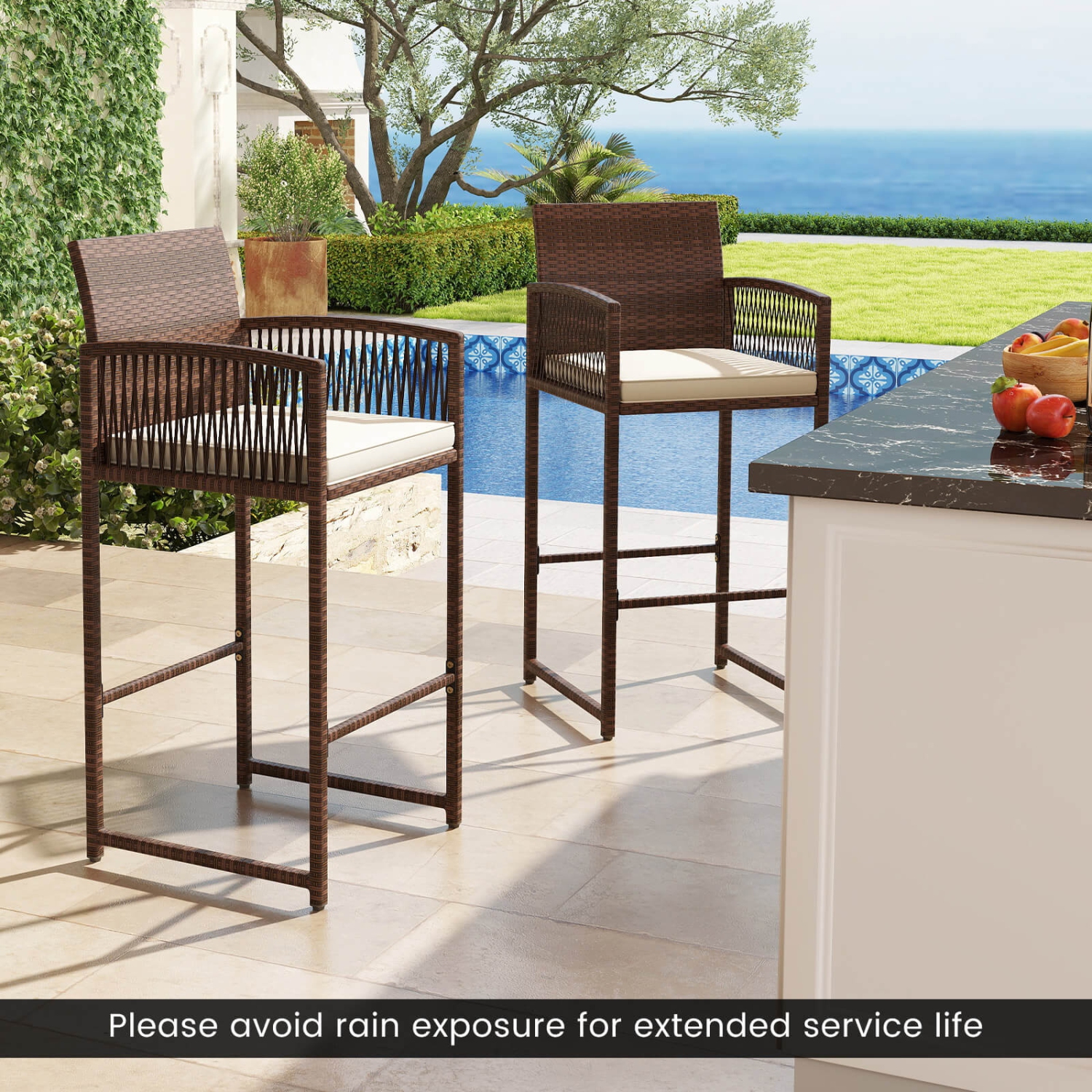 Costway Patio Bar Stools Set of 2/4 PE Rattan Bar Height Chairs with Backrests & Armrests