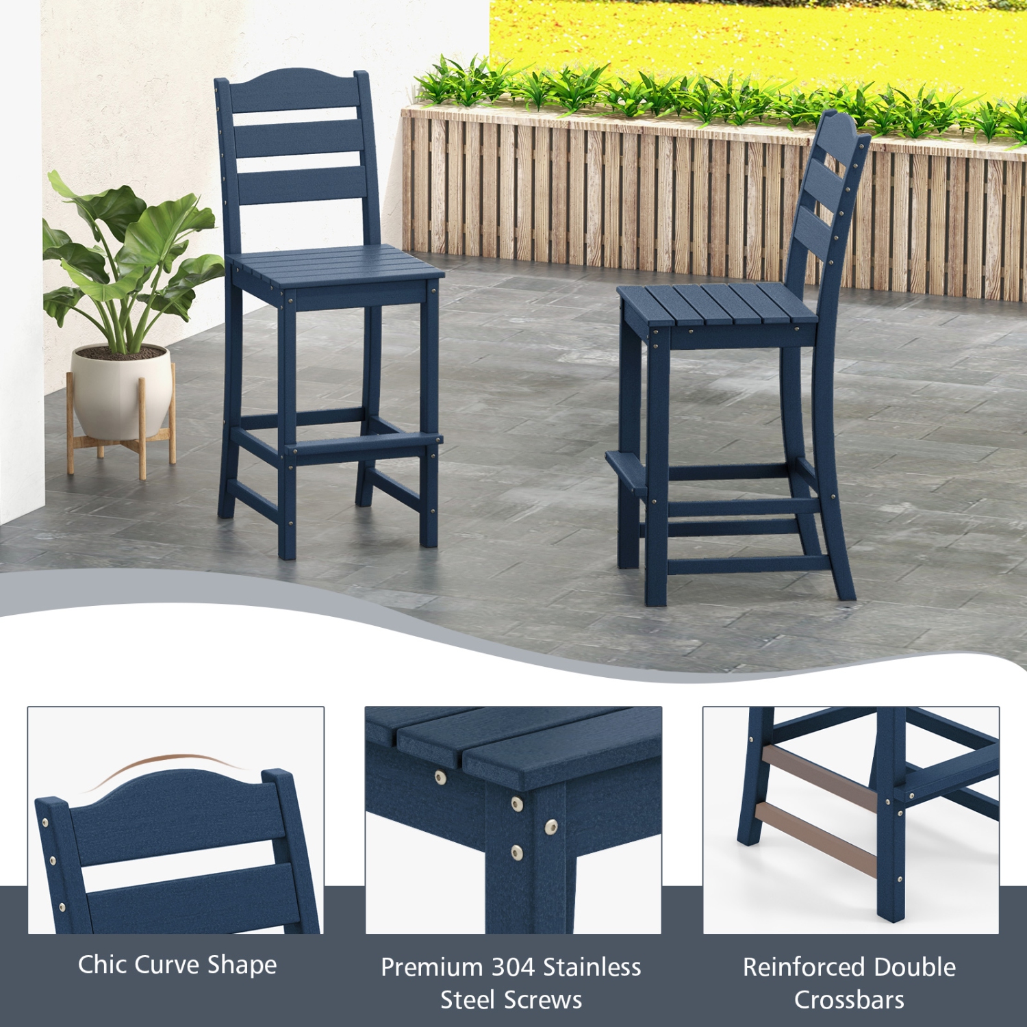 Costway Outdoor 1/4PCS HDPE Bar Stool Patio Tall Chair Backrest Footrest All Weather Gray/Turquoise