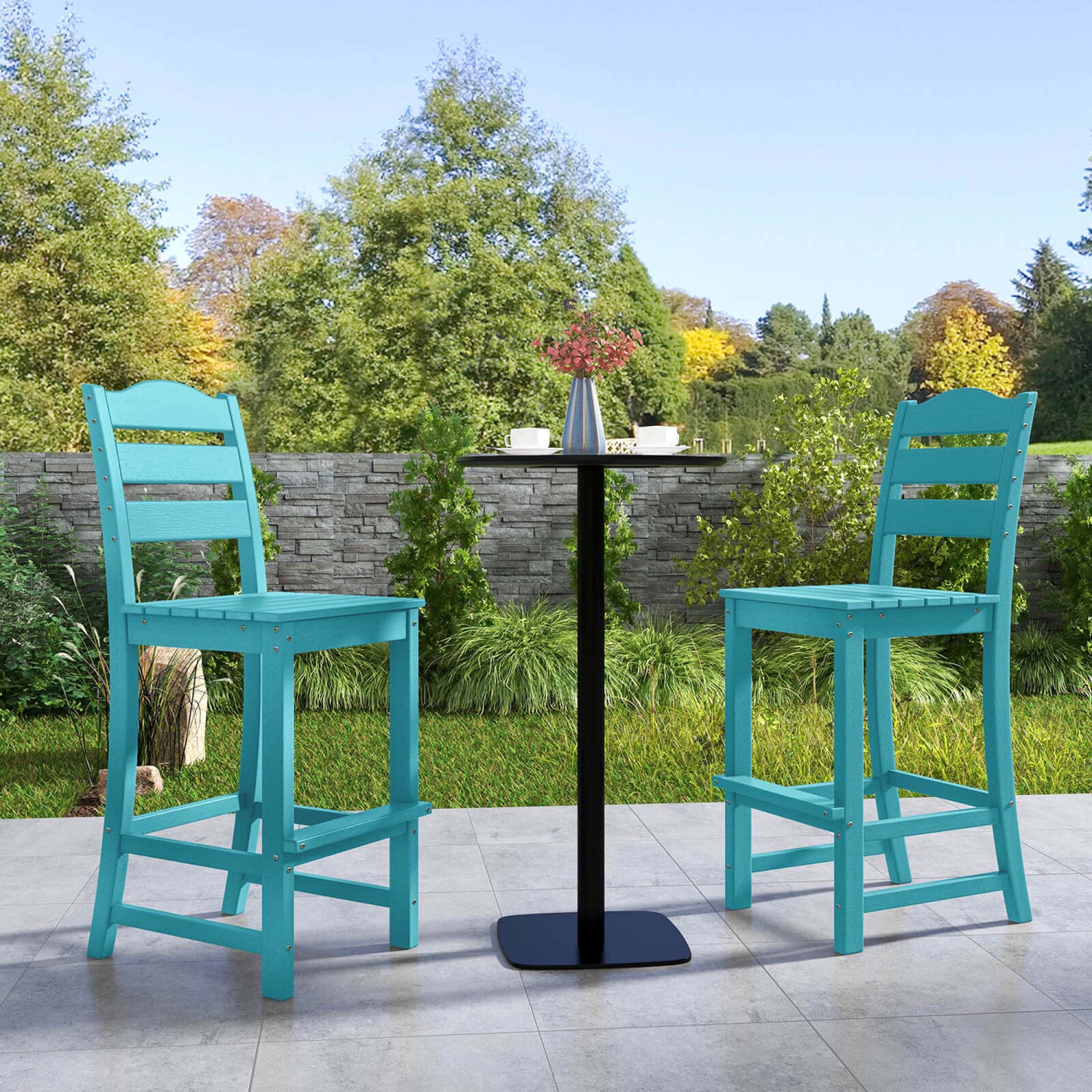 Costway Outdoor 1/4PCS HDPE Bar Stool Patio Tall Chair Backrest Footrest All Weather Gray/Turquoise