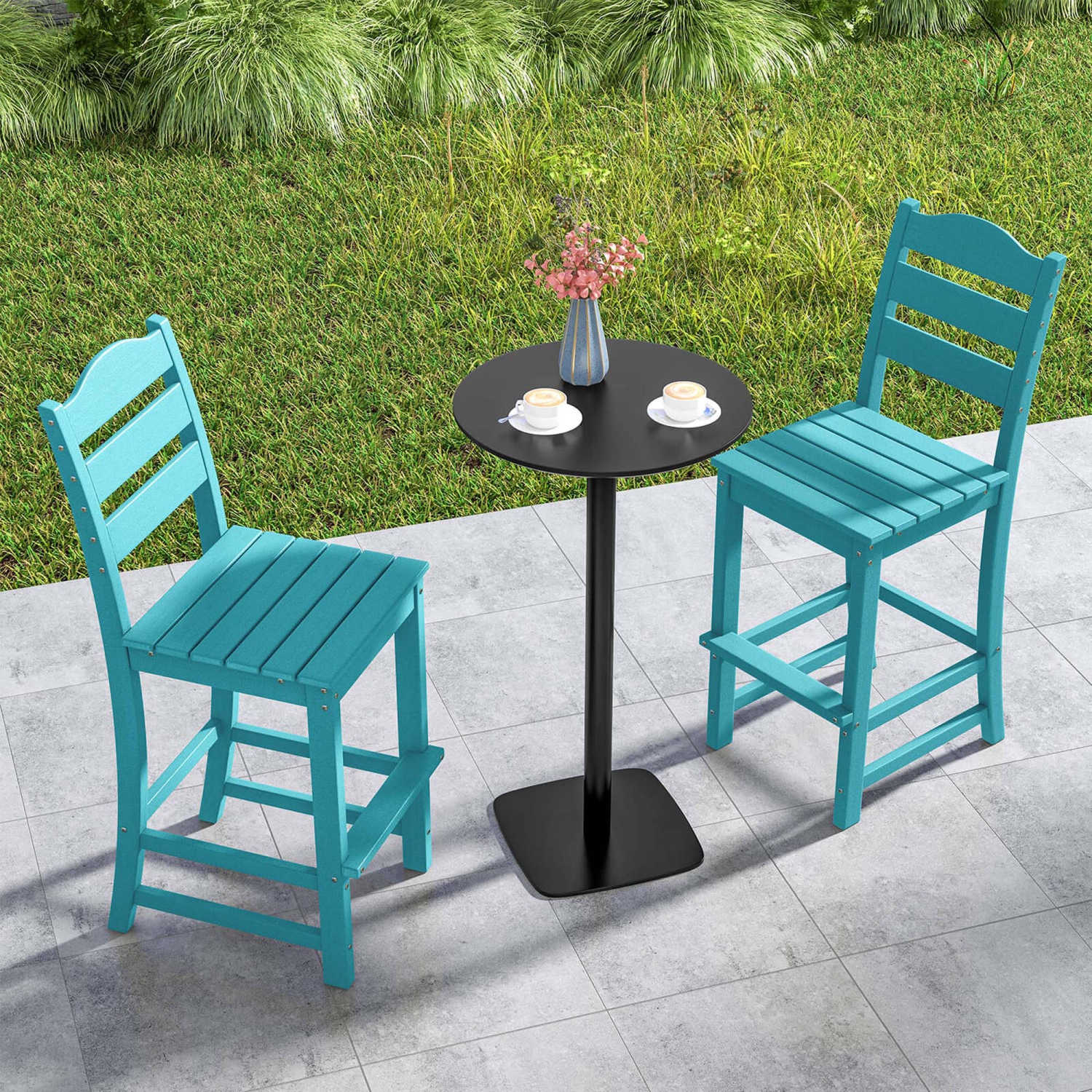 Costway Outdoor 1/4PCS HDPE Bar Stool Patio Tall Chair Backrest Footrest All Weather Gray/Turquoise