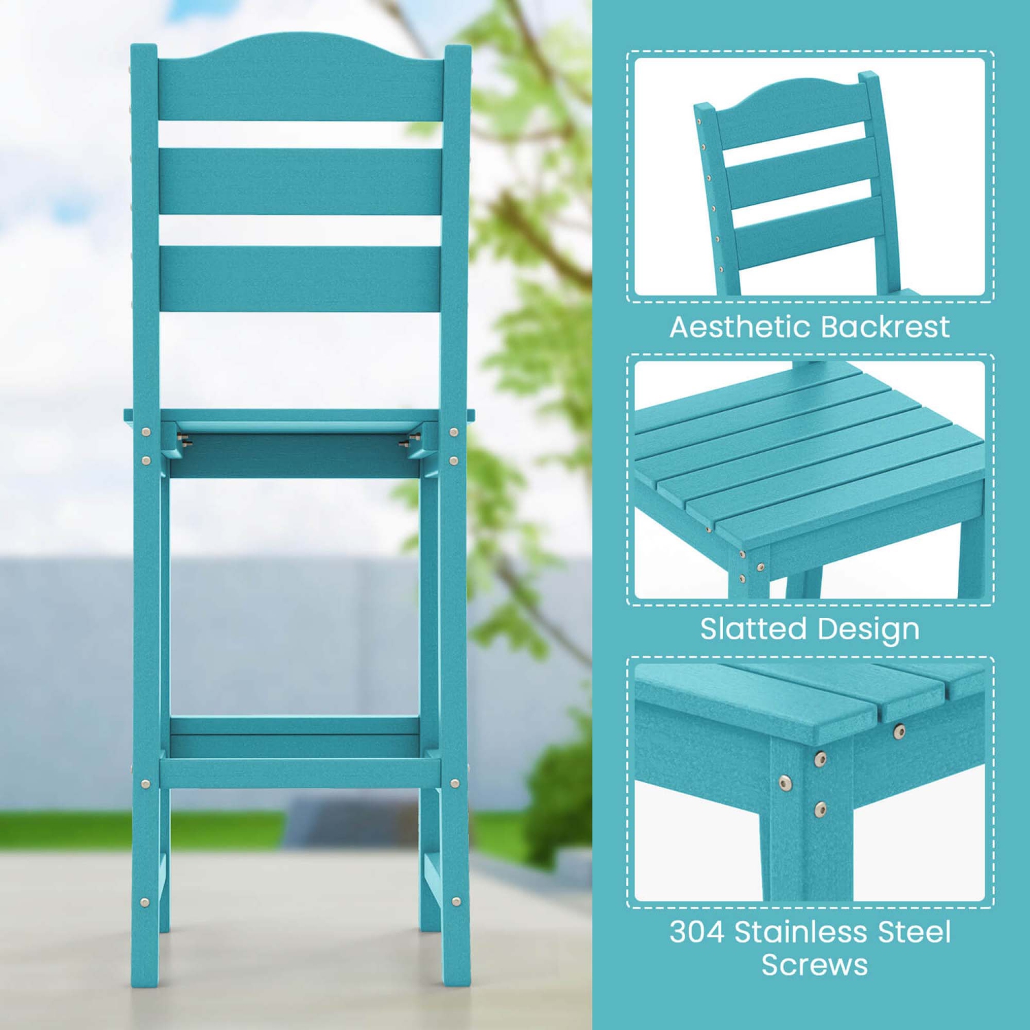 Costway Outdoor 1/4PCS HDPE Bar Stool Patio Tall Chair Backrest Footrest All Weather Gray/Turquoise