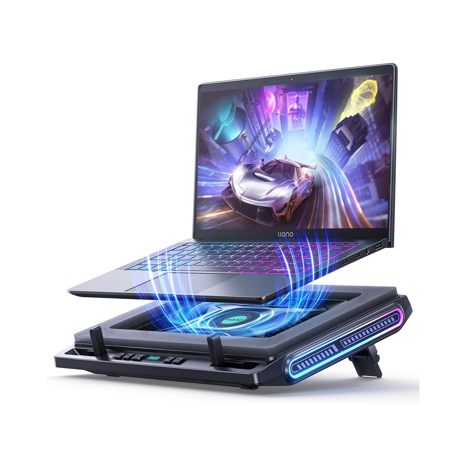 llano V10 Gaming Laptop Cooler - RGB Cooling Pad with Turbo Fan, Adjustable Stand, 4-Port USB C&A for 13-17.3 Inch Laptops
