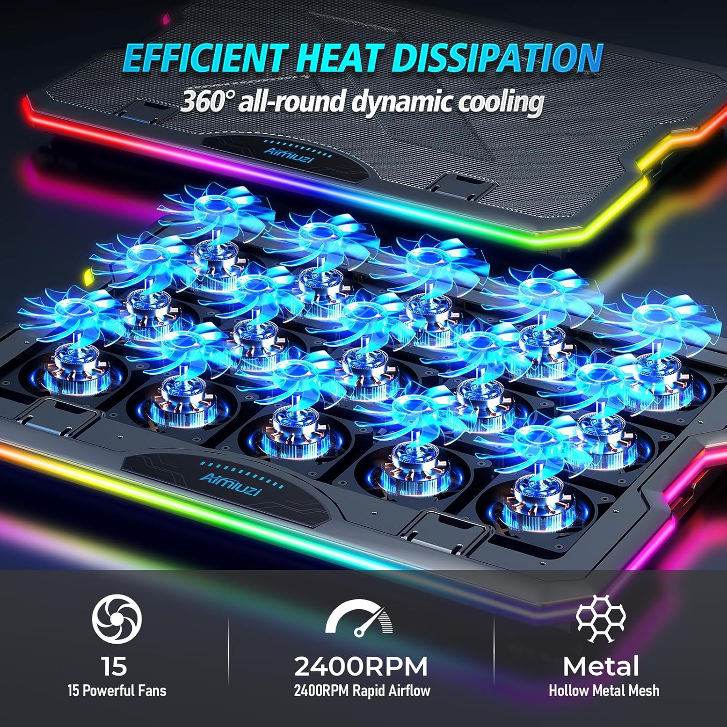 AIMIUZI Laptop Cooling Pad – Gaming Laptop Cooler with 15 Fans, RGB Lighting, 7 Adjustable Heights, Dual USB Ports, Phone Stand, Compatible with