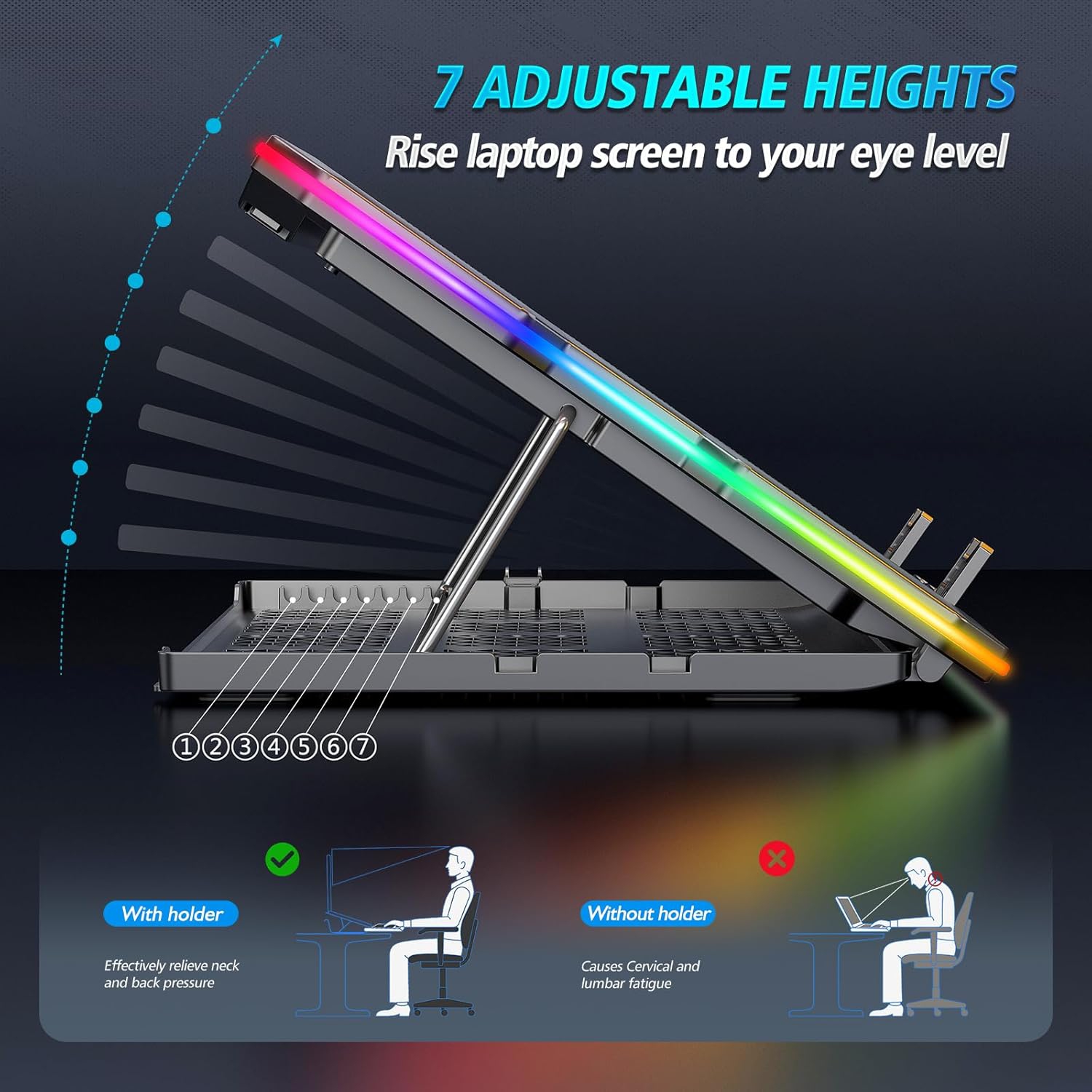 AIMIUZI Laptop Cooling Pad – Gaming Laptop Cooler with 15 Fans, RGB Lighting, 7 Adjustable Heights, Dual USB Ports, Phone Stand, Compatible with