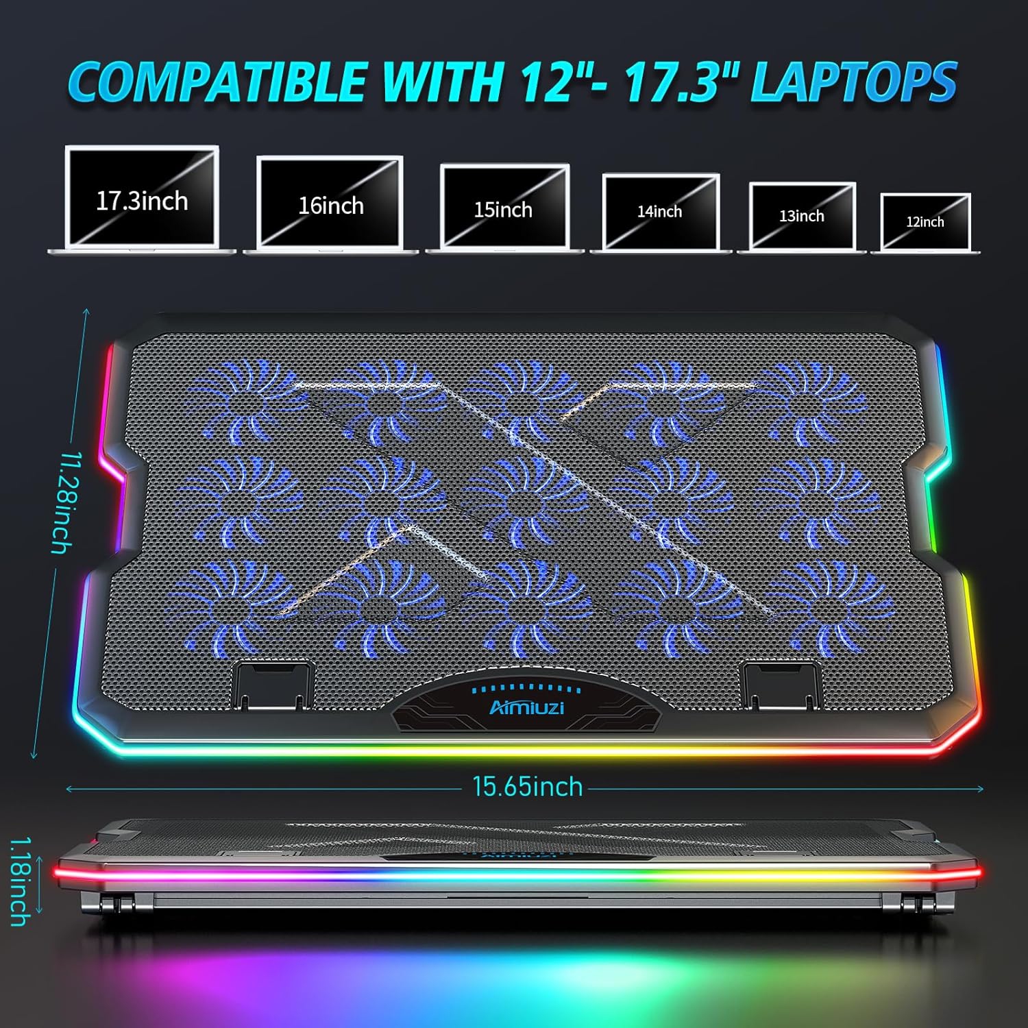AIMIUZI Laptop Cooling Pad – Gaming Laptop Cooler with 15 Fans, RGB Lighting, 7 Adjustable Heights, Dual USB Ports, Phone Stand, Compatible with