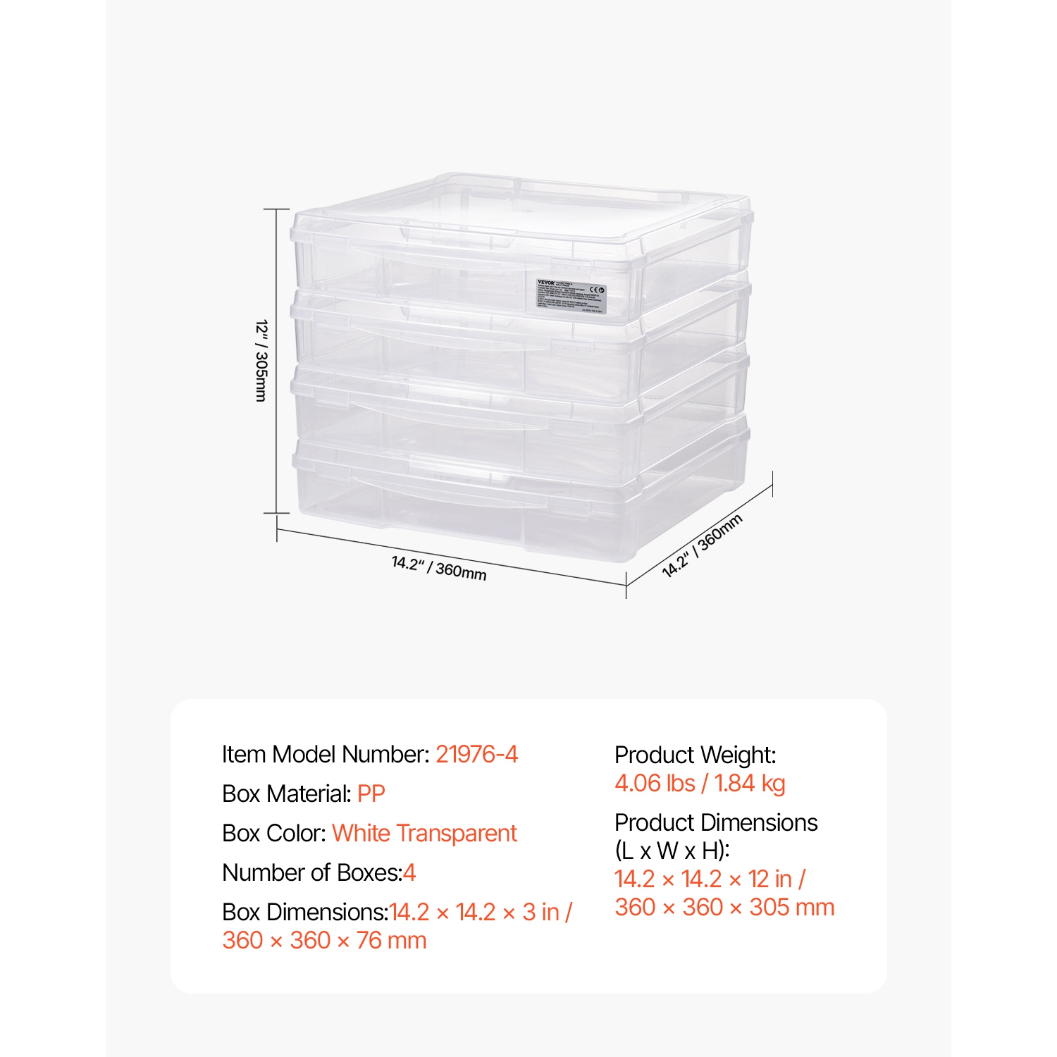 VEVOR 4 Pack Scrapbook Paper Storage,Plastic Board Game Boxes,Multi-Purpose Document Case with Rounded Corners and Double Latches, for Office