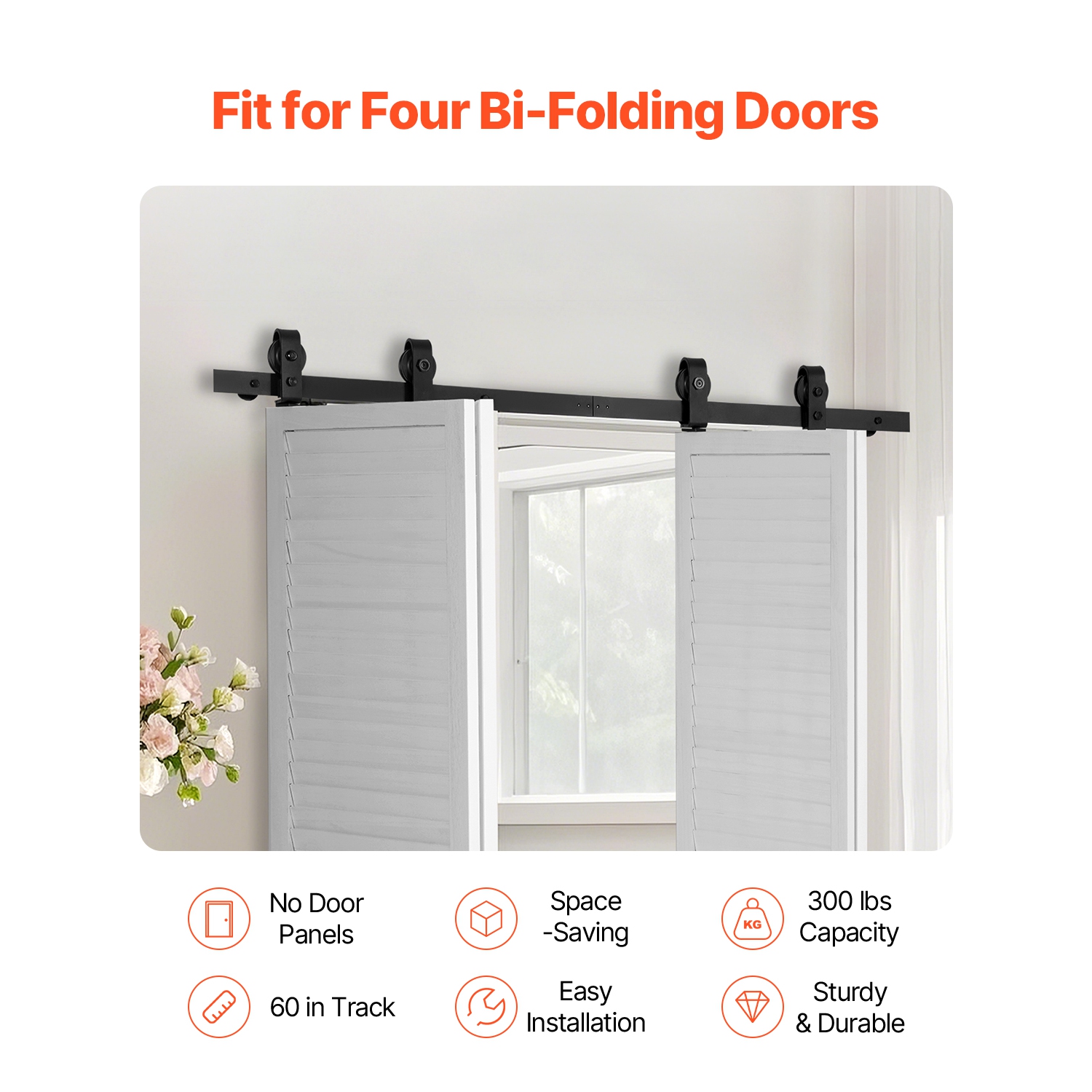 VEVOR 60" Bi-Folding Sliding Barn Door Hardware Track Kit, Top Mount Track Kit, Slide Smoothly & Quietly, Easy to Install, for Four 14" Closet Pantry