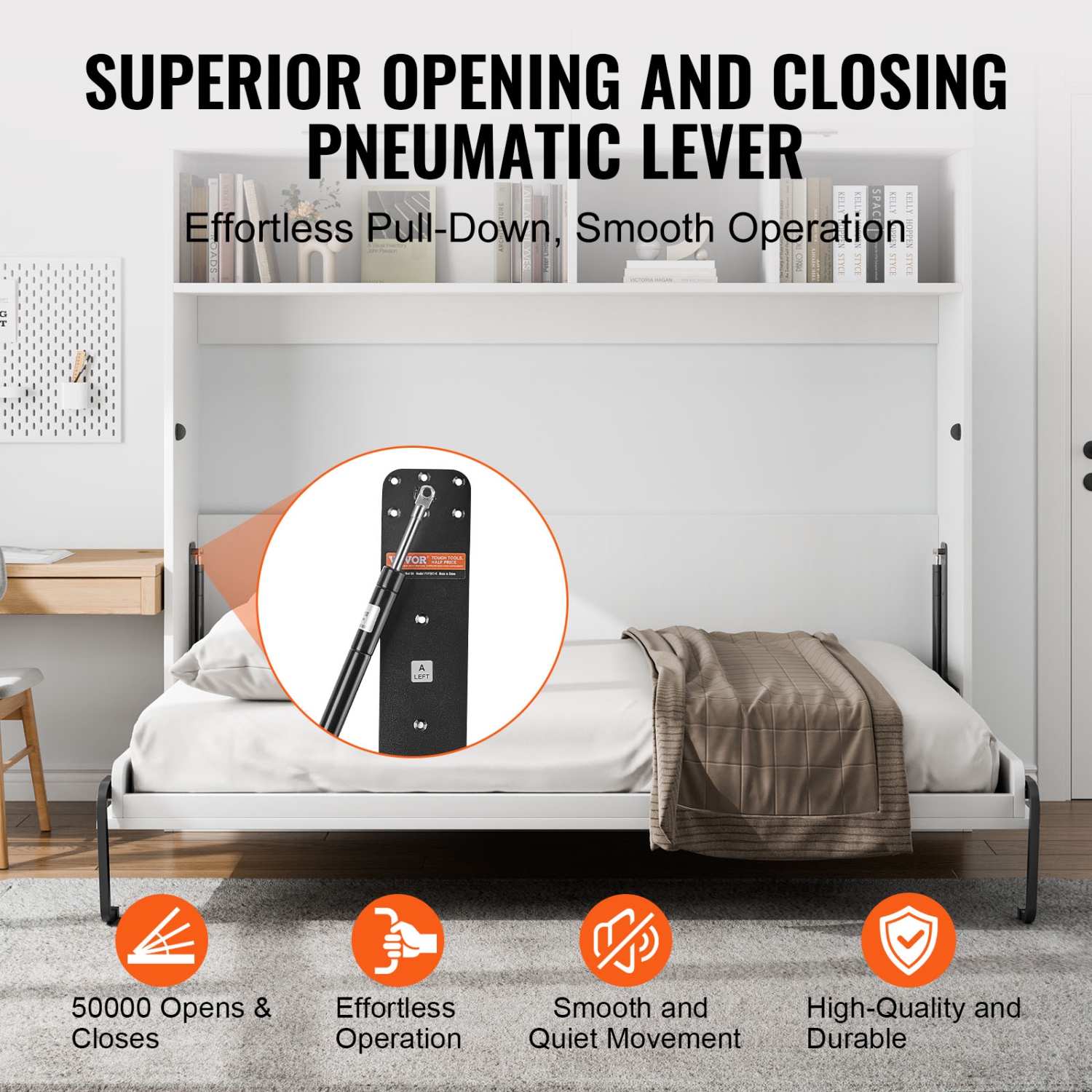 VEVOR Murphy Bed Kit, Queen Size, Deluxe DIY Wall Bed Mechanical Hardware Kit, Pneumatic Lever Bed Frame Support, Cabinet Wall Bed Space Saving