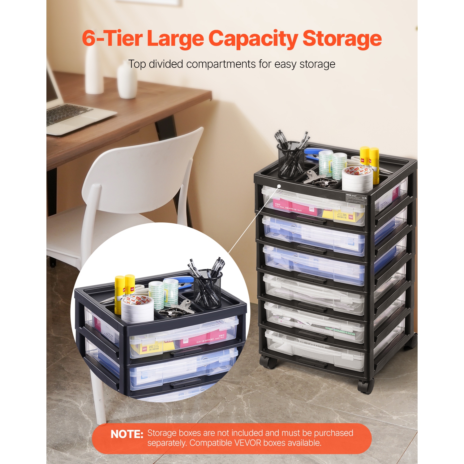 VEVOR 6-Tier Scrapbook Rolling Storage Cart, Large Capacity with Organizer Top, Black Frame with 4 Wheels, PP Material Cart Only, Rolling Craft