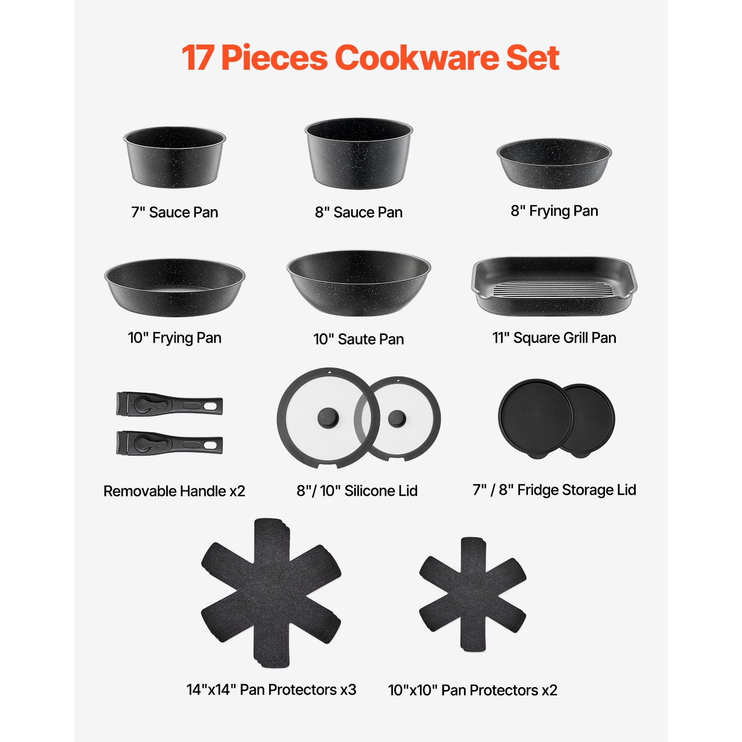 VEVOR 17 Piece Pots and Pans Set, Granite Nonstick Detachable Handle Cookware, Space Saving Induction Cookwares, Kitchen RV Cooking Sets with