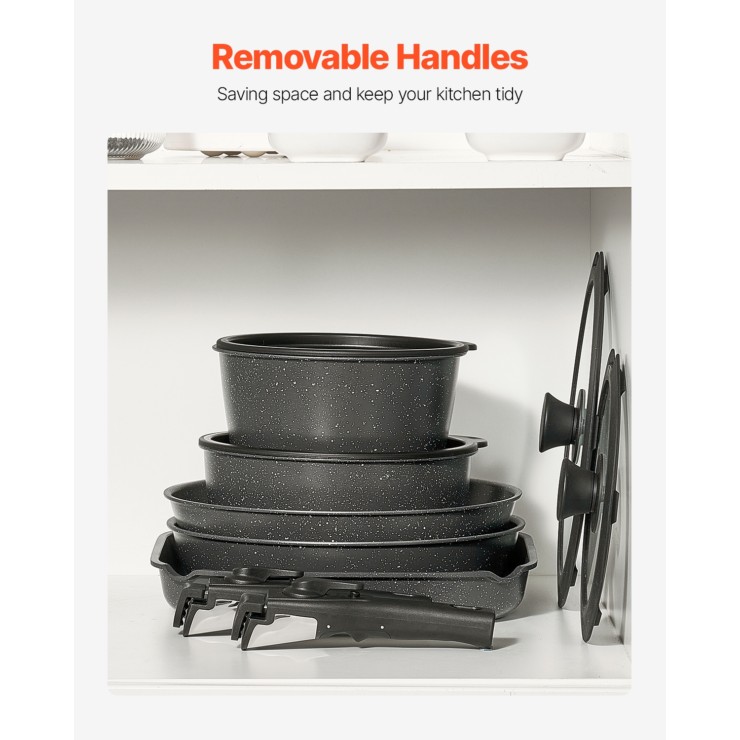 VEVOR 17 Piece Pots and Pans Set, Granite Nonstick Detachable Handle Cookware, Space Saving Induction Cookwares, Kitchen RV Cooking Sets with