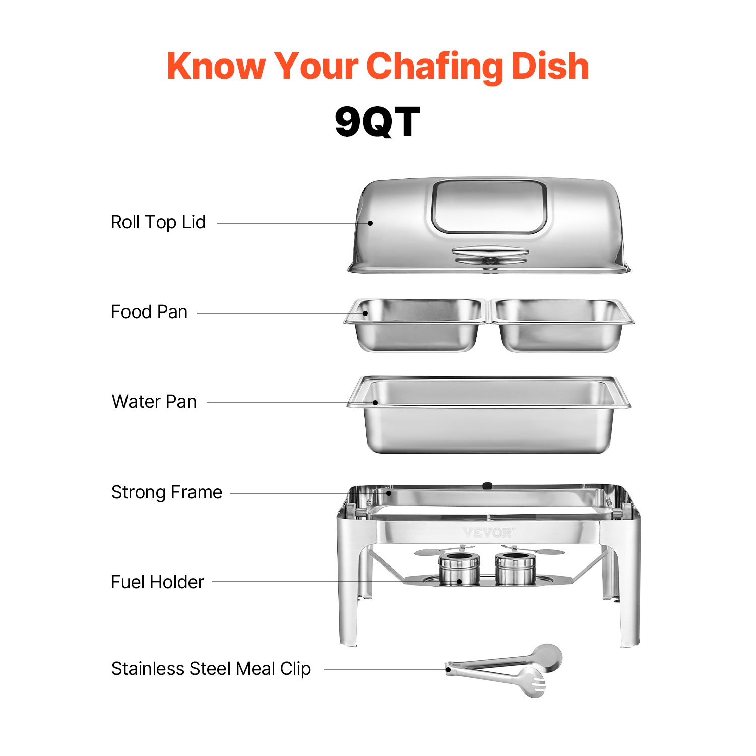 VEVOR 9 Qt Roll Top Chafing Dish Buffet Complete Set,1 Pack Stainless Steel Chafer with 2 Half Size Pans, Rectangle Catering Warmer Server with