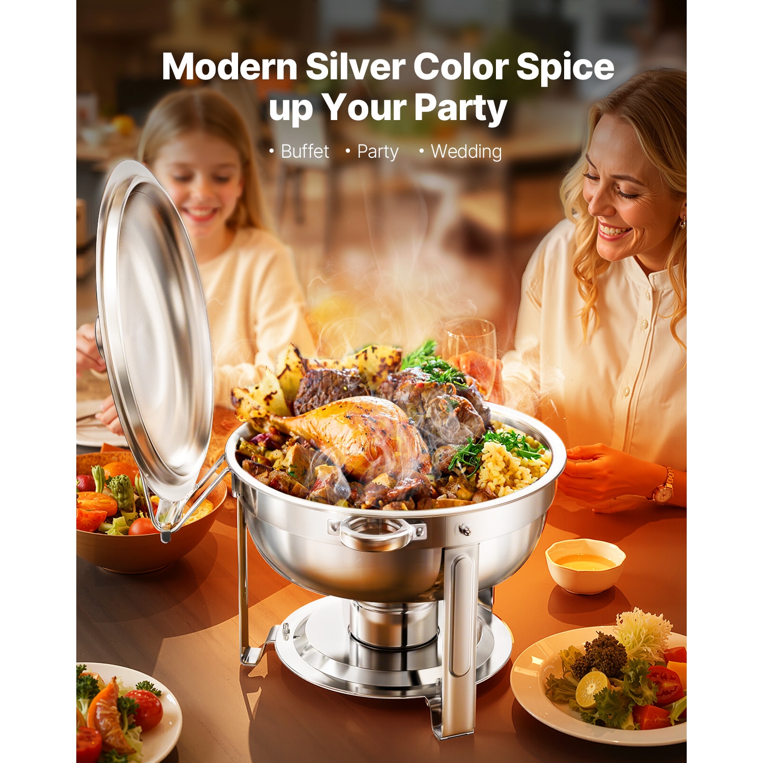 VEVOR 5 Qt 4 Pack Chafing Dish Buffet Set,Stainless Steel Chafer with 4 Full Size Pans, Round Catering Warmer Server with Lid Water Pan Folding Stand