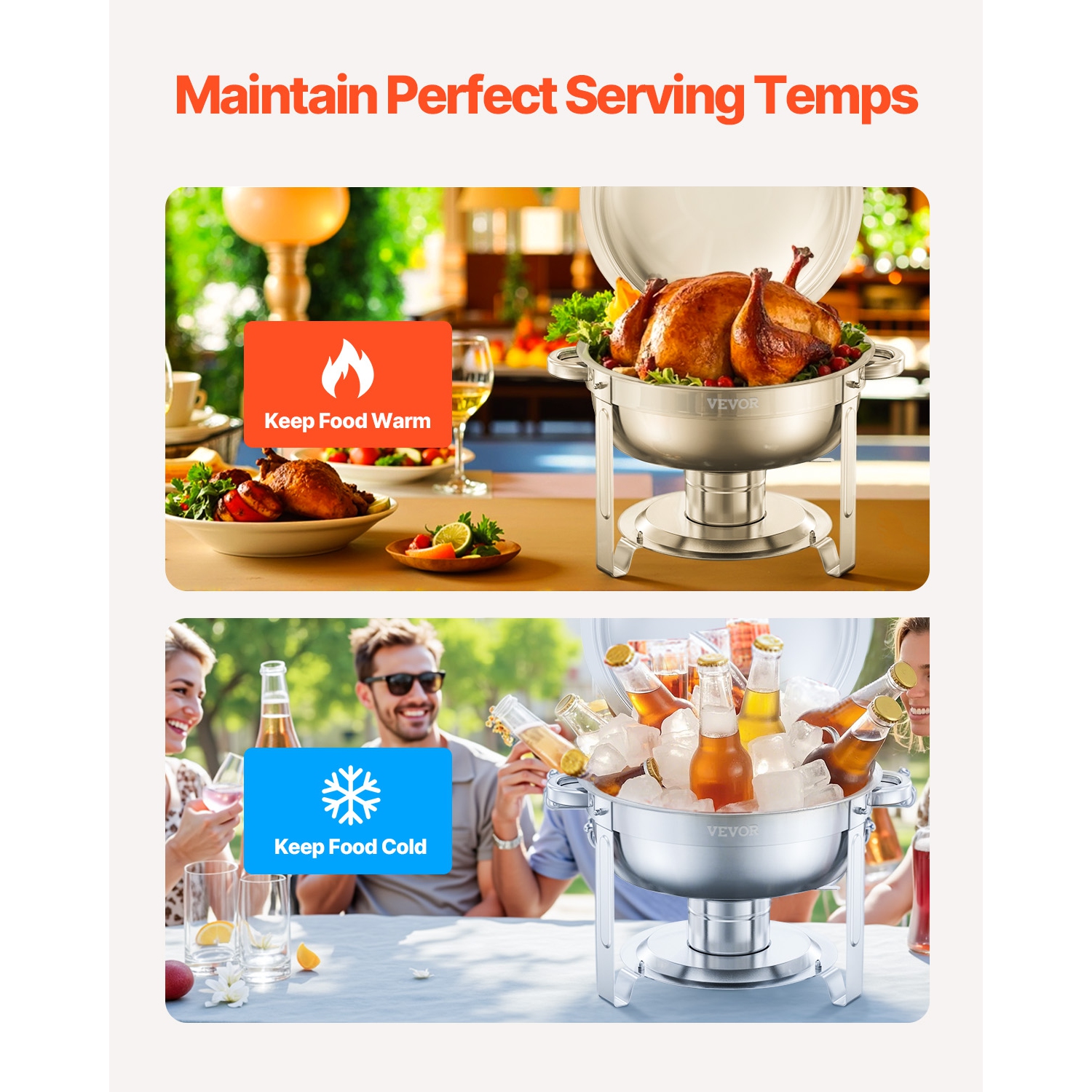 VEVOR 5 Qt 4 Pack Chafing Dish Buffet Set,Stainless Steel Chafer with 4 Full Size Pans, Round Catering Warmer Server with Lid Water Pan Folding Stand