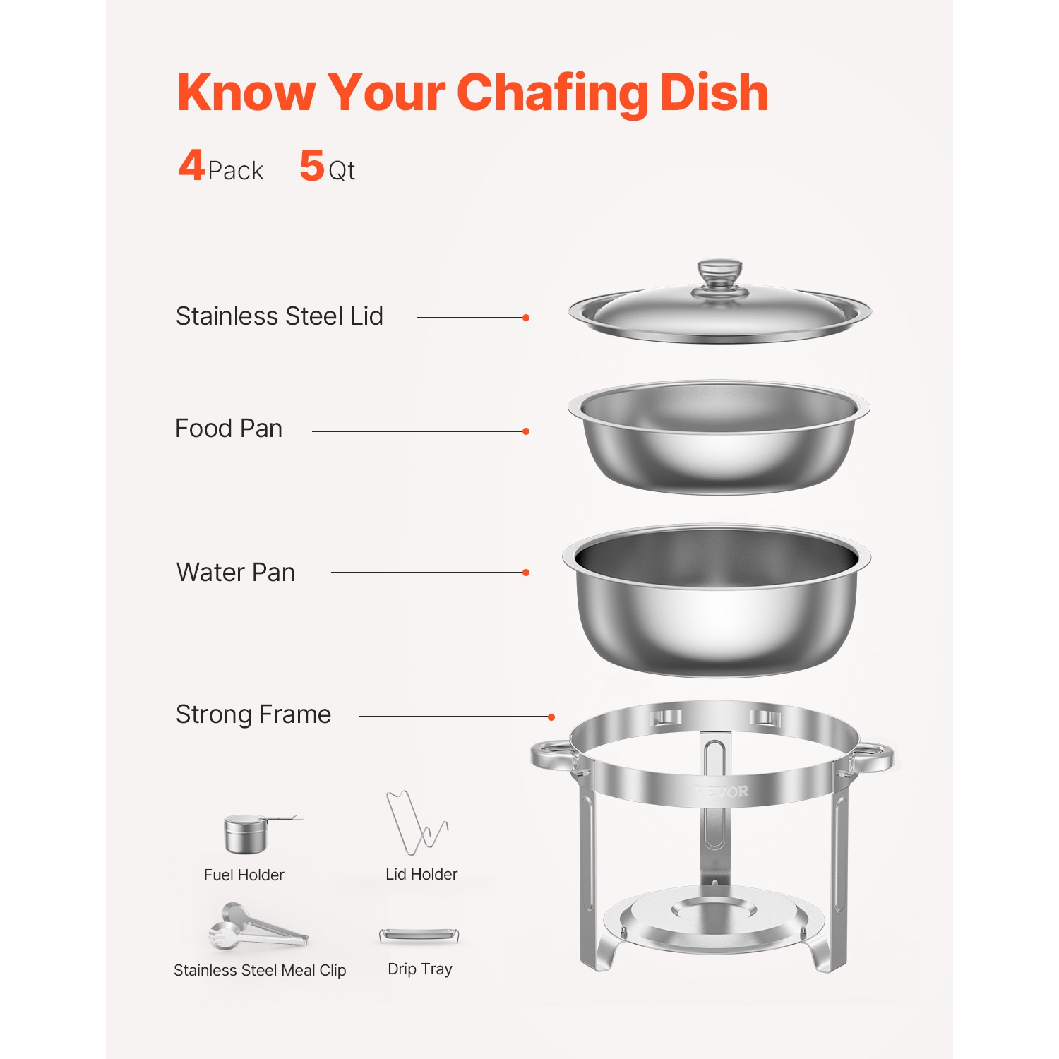 VEVOR 5 Qt 4 Pack Chafing Dish Buffet Set,Stainless Steel Chafer with 4 Full Size Pans, Round Catering Warmer Server with Lid Water Pan Folding Stand