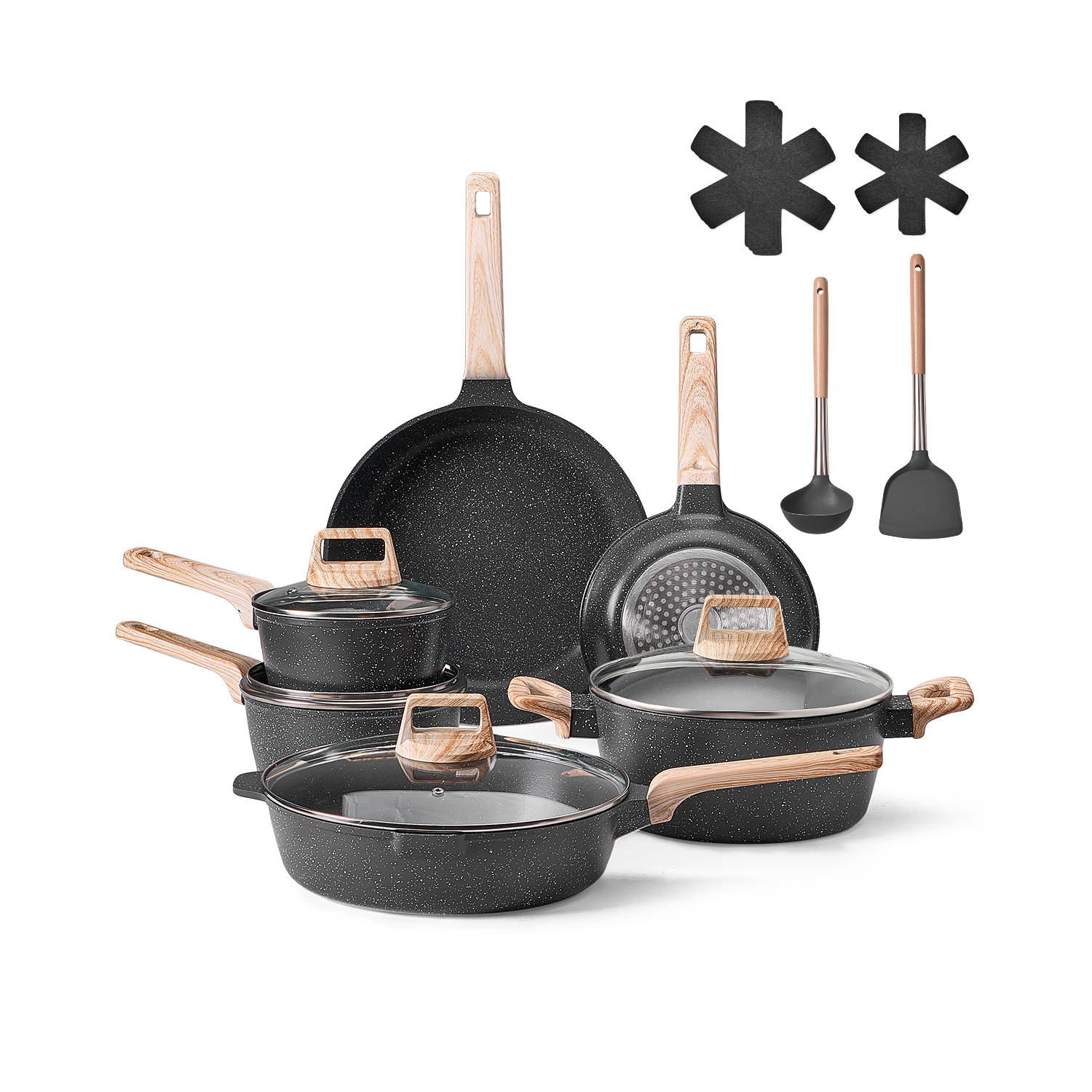 VEVOR 17 Piece Pots and Pans Set Nonstick, Granite Cookware Set, Induction Cookwares, Kitchen RV Cooking Sets with Frying, Saute, Tempered Glass