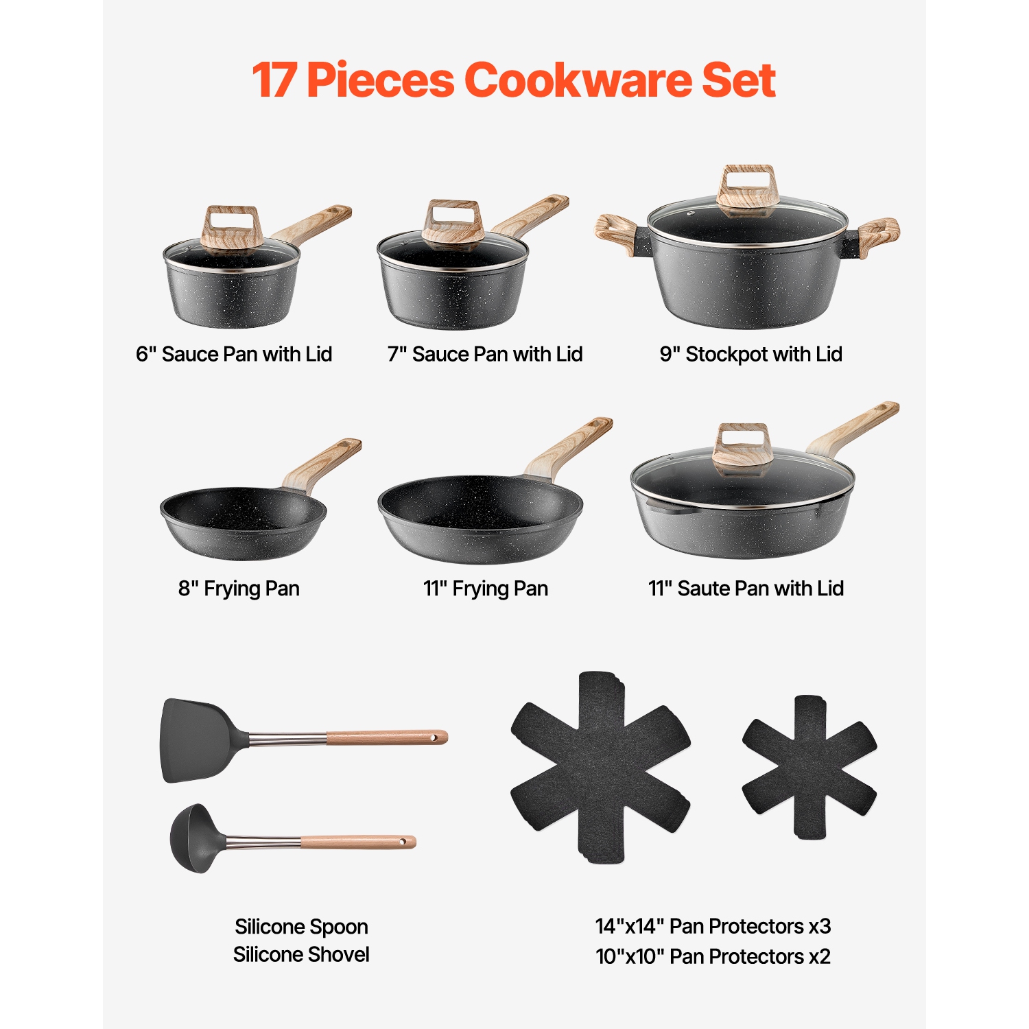 VEVOR 17 Piece Pots and Pans Set Nonstick, Granite Cookware Set, Induction Cookwares, Kitchen RV Cooking Sets with Frying, Saute, Tempered Glass