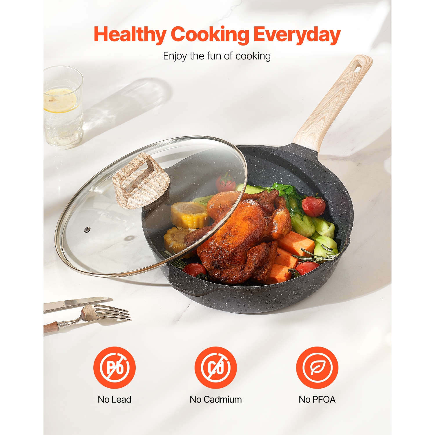 VEVOR 17 Piece Pots and Pans Set Nonstick, Granite Cookware Set, Induction Cookwares, Kitchen RV Cooking Sets with Frying, Saute, Tempered Glass