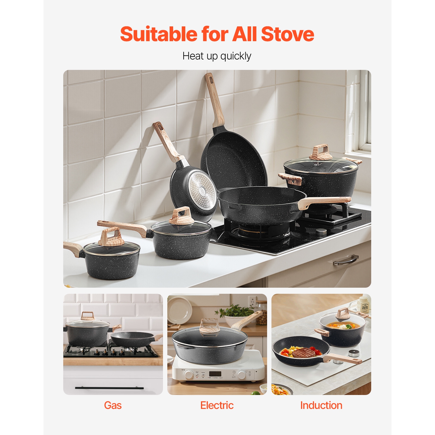 VEVOR 17 Piece Pots and Pans Set Nonstick, Granite Cookware Set, Induction Cookwares, Kitchen RV Cooking Sets with Frying, Saute, Tempered Glass
