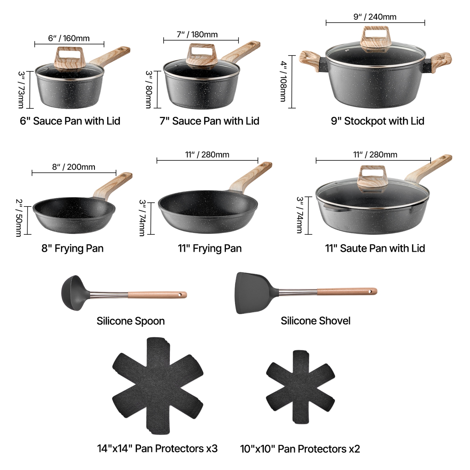 VEVOR 17 Piece Pots and Pans Set Nonstick, Granite Cookware Set, Induction Cookwares, Kitchen RV Cooking Sets with Frying, Saute, Tempered Glass