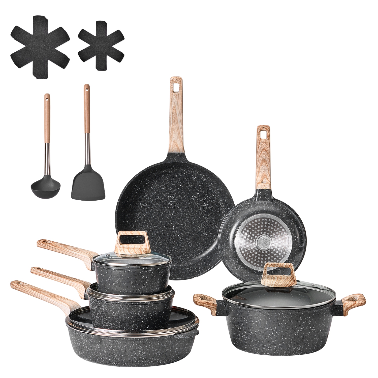 VEVOR 17 Piece Pots and Pans Set Nonstick, Granite Cookware Set, Induction Cookwares, Kitchen RV Cooking Sets with Frying, Saute, Tempered Glass