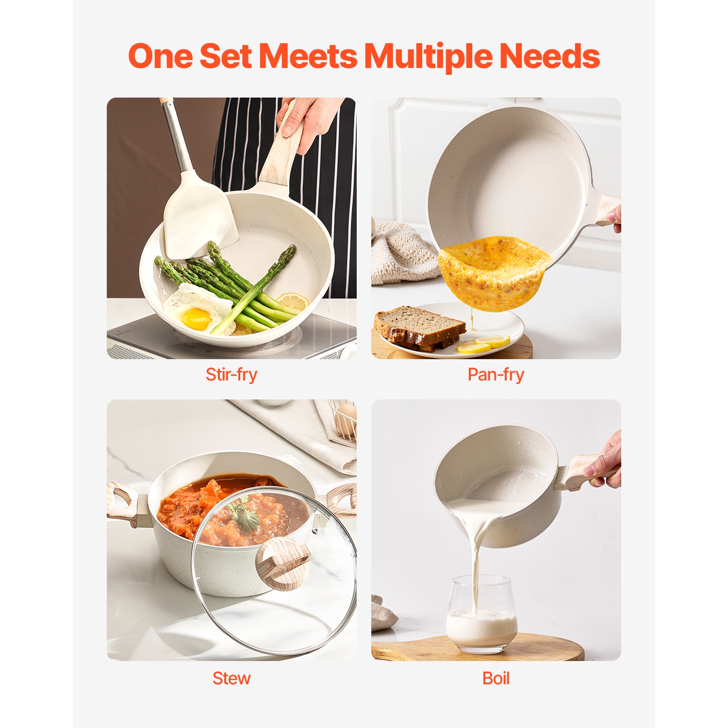 VEVOR 17 Piece Pots and Pans Set,Granite Nonstick Cookware Set,Induction Cookwares, Kitchen RV Cooking Sets with Frying, Sauce, Saute,Tempered Glass