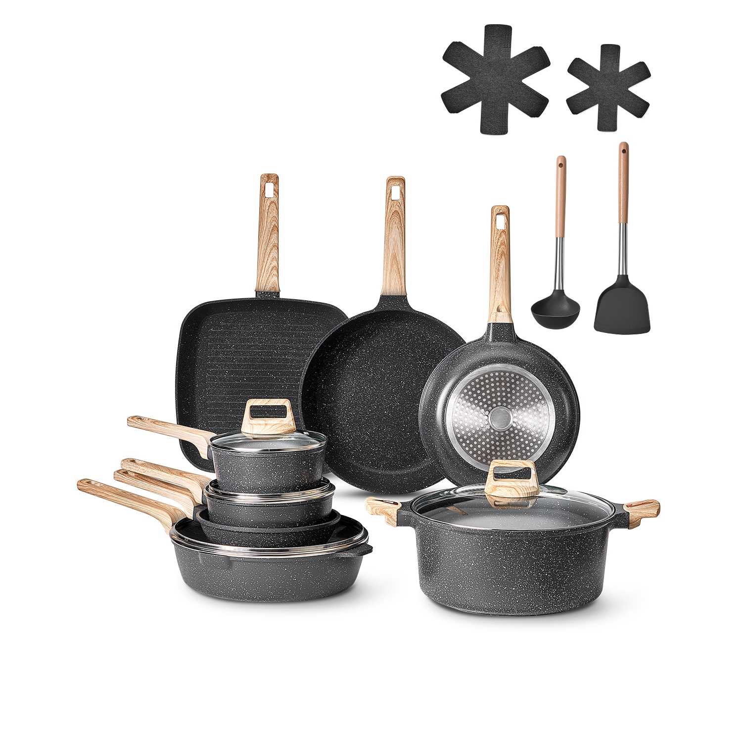 VEVOR 19 Piece Pots and Pans Set, Granite Nonstick Cookware Set, Induction Cookwares, Kitchen RV Cooking Sets with Frying,Sauce, Saute,Tempered Glass