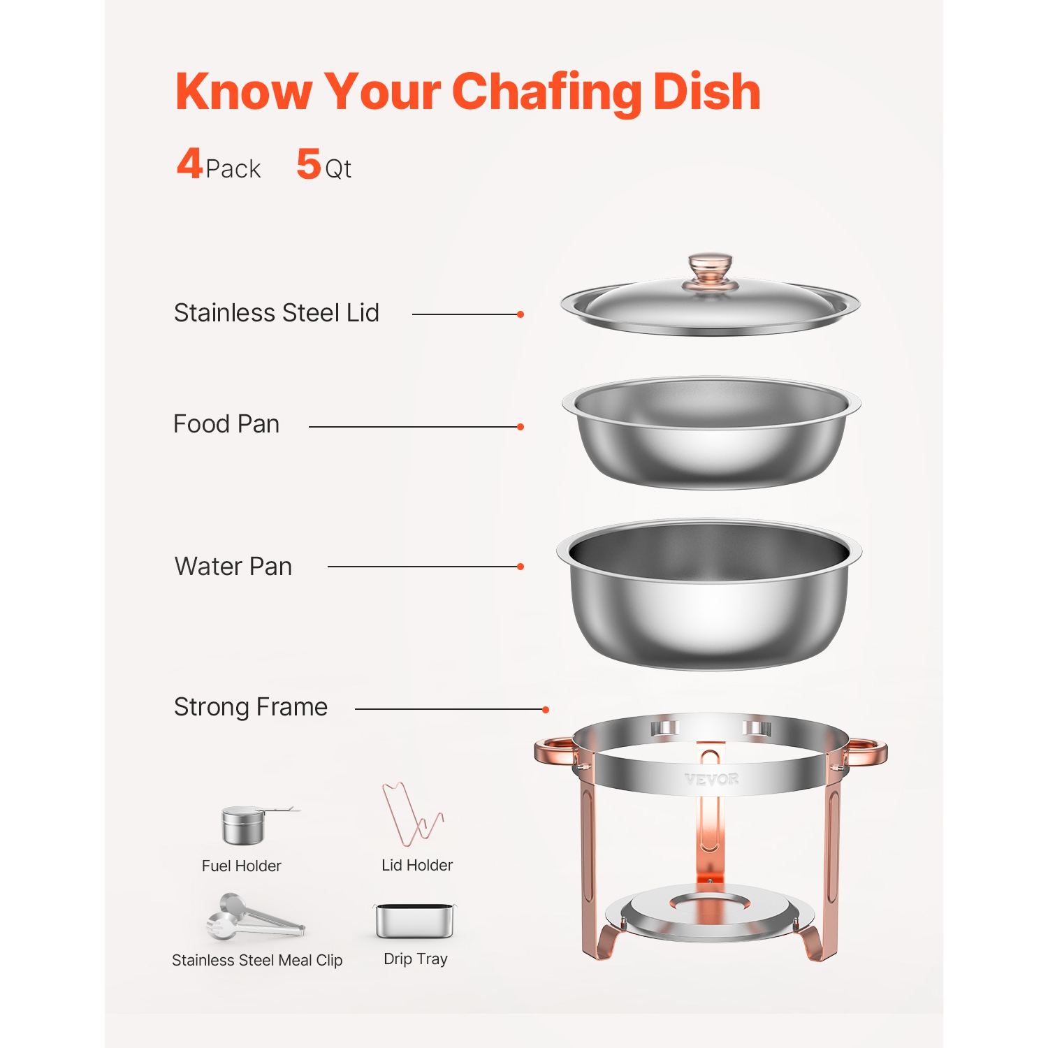 VEVOR 5 Qt 4 Pack Chafing Dish Buffet Set,Stainless Steel Chafer with 4 Full Size Pans, Round Catering Warmer Server with Lid Water Pan Folding Stand