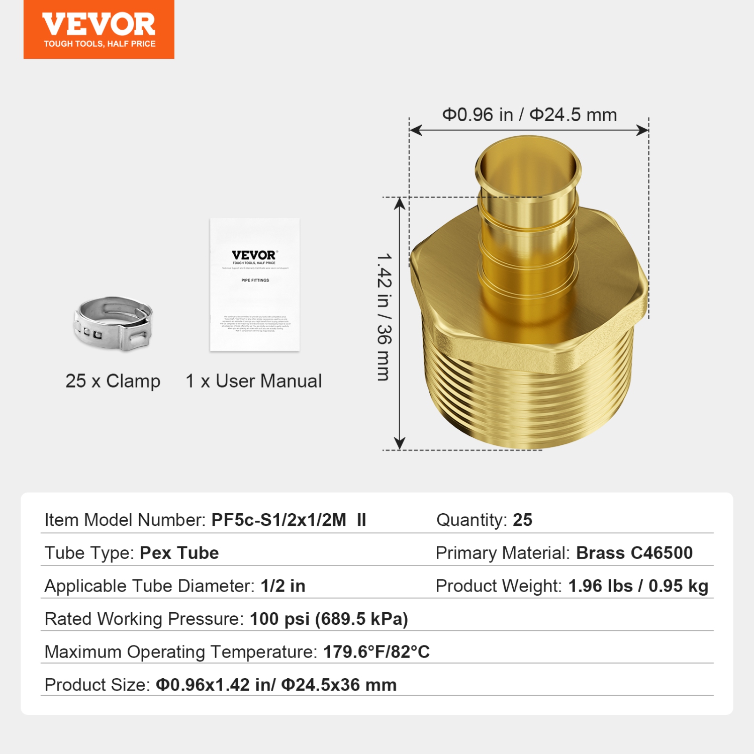 VEVOR 1/2" 25PCS Pipe Fittings, Brass Pipe Fittings, Clamp-style 1/2 NPT External Thread Pipe Connector Brass Air Fittings, Plumbing Fittings NPT