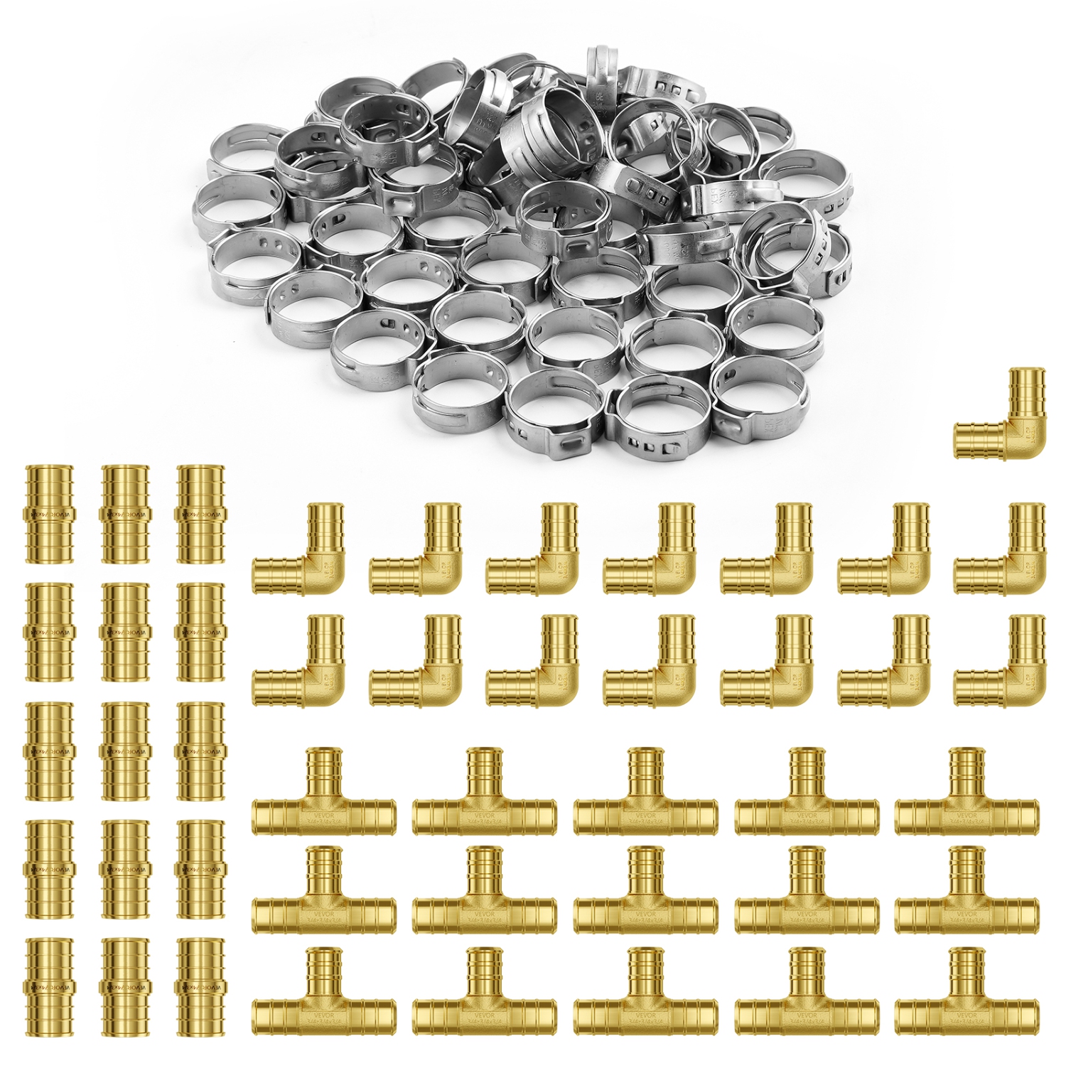 VEVOR 3/4" 45PCS Pipe Fittings, Brass Pipe Fittings, Push-Fit Pipe Connector Brass Air Fittings, Plumbing Fittings Adapter for Heating Systems