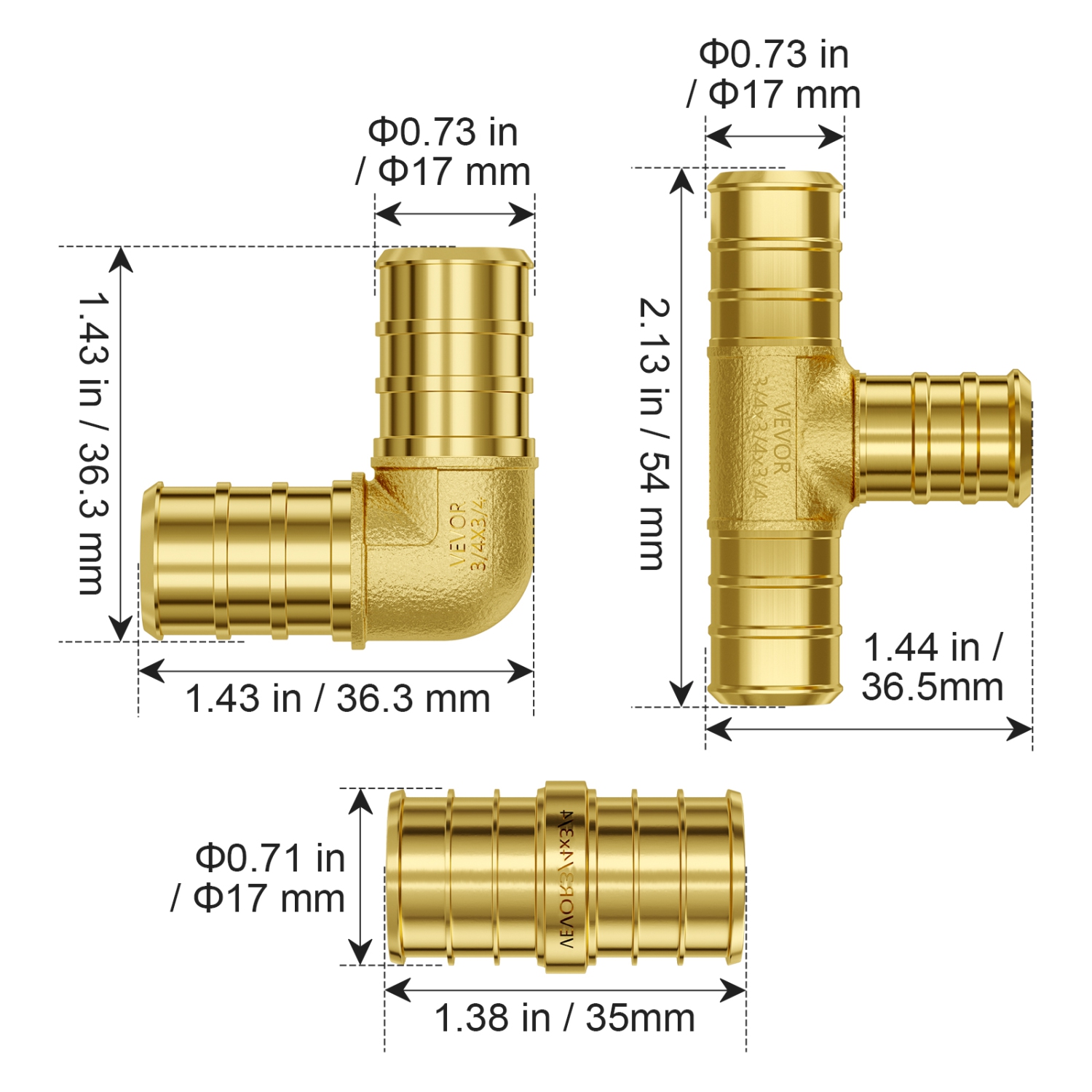VEVOR 3/4" 45PCS Pipe Fittings, Brass Pipe Fittings, Push-Fit Pipe Connector Brass Air Fittings, Plumbing Fittings Adapter for Heating Systems