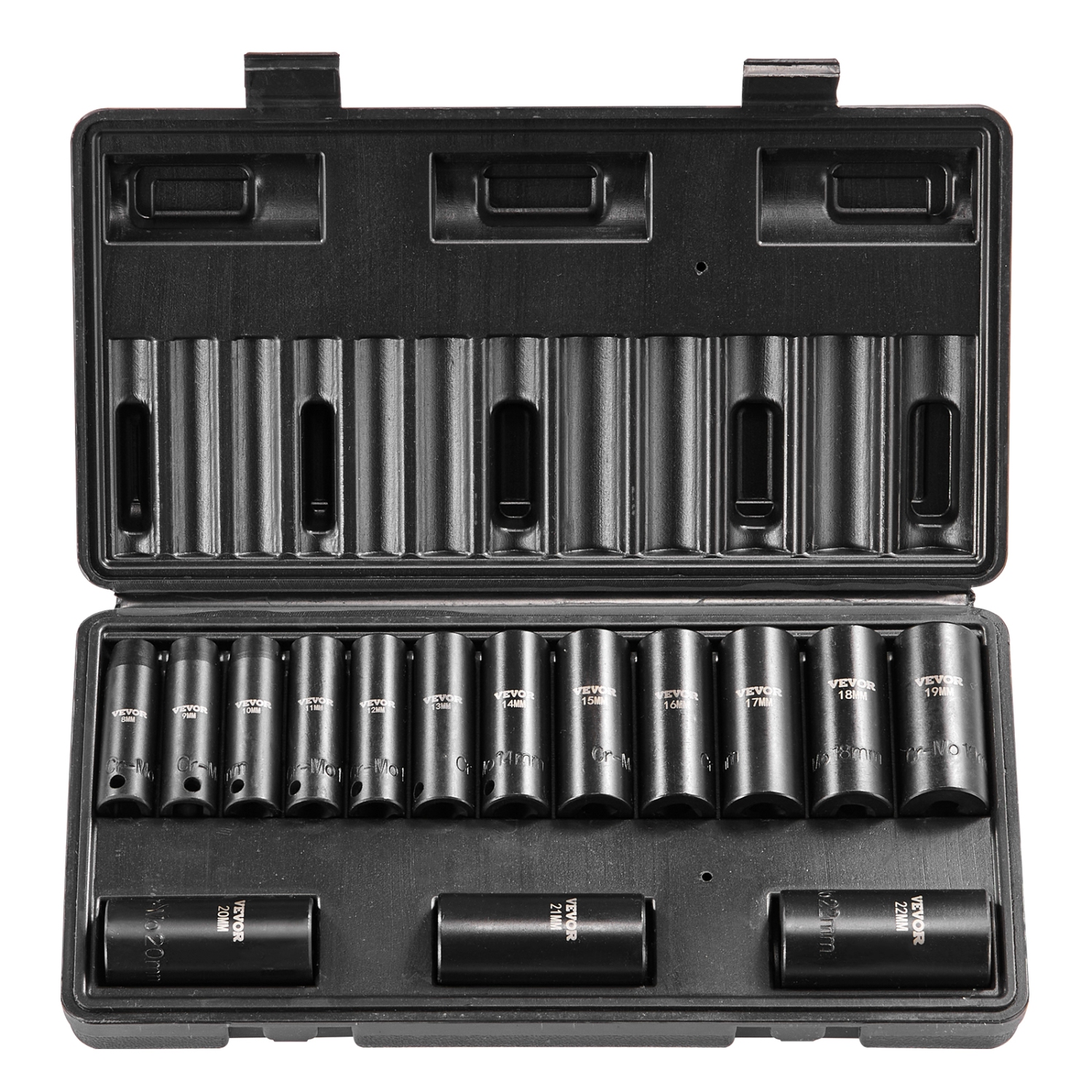 VEVOR 3/8" Drive Impact Socket Set, 15 Piece Deep Socket Set Metric 8-22mm, 6 Point Cr-Mo Alloy Steel for Auto Repair, Easy-to-Read Size Markings,