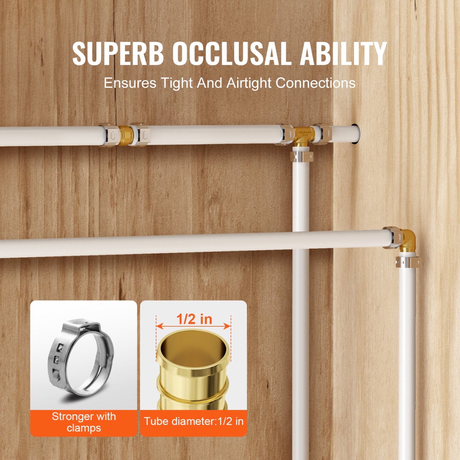 VEVOR 1/2" 45PCS Pipe Fittings, Brass Pipe Fittings, Push-Fit Pipe Connector Brass Air Fittings, Plumbing Fittings Adapter for Heating Systems