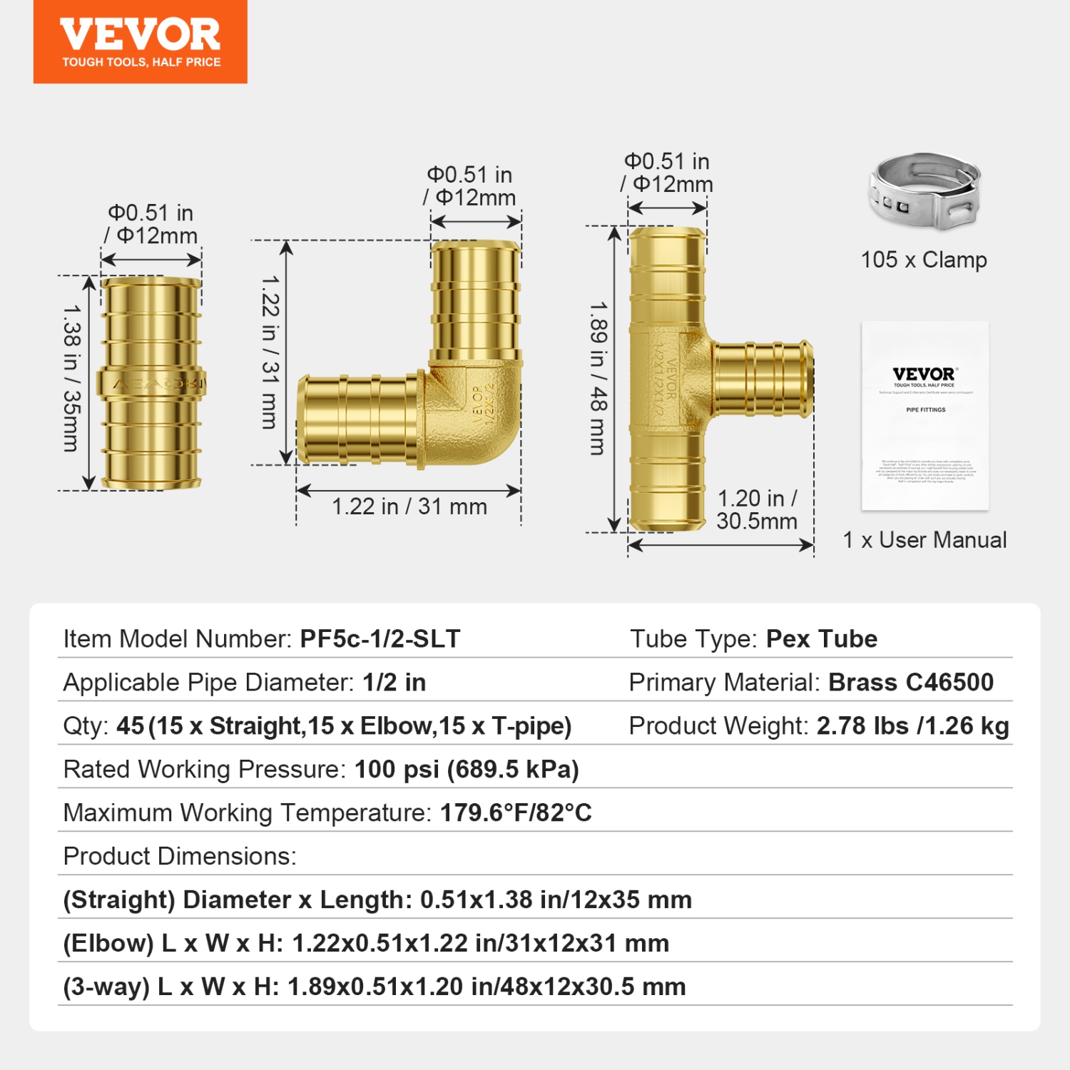 VEVOR 1/2" 45PCS Pipe Fittings, Brass Pipe Fittings, Push-Fit Pipe Connector Brass Air Fittings, Plumbing Fittings Adapter for Heating Systems