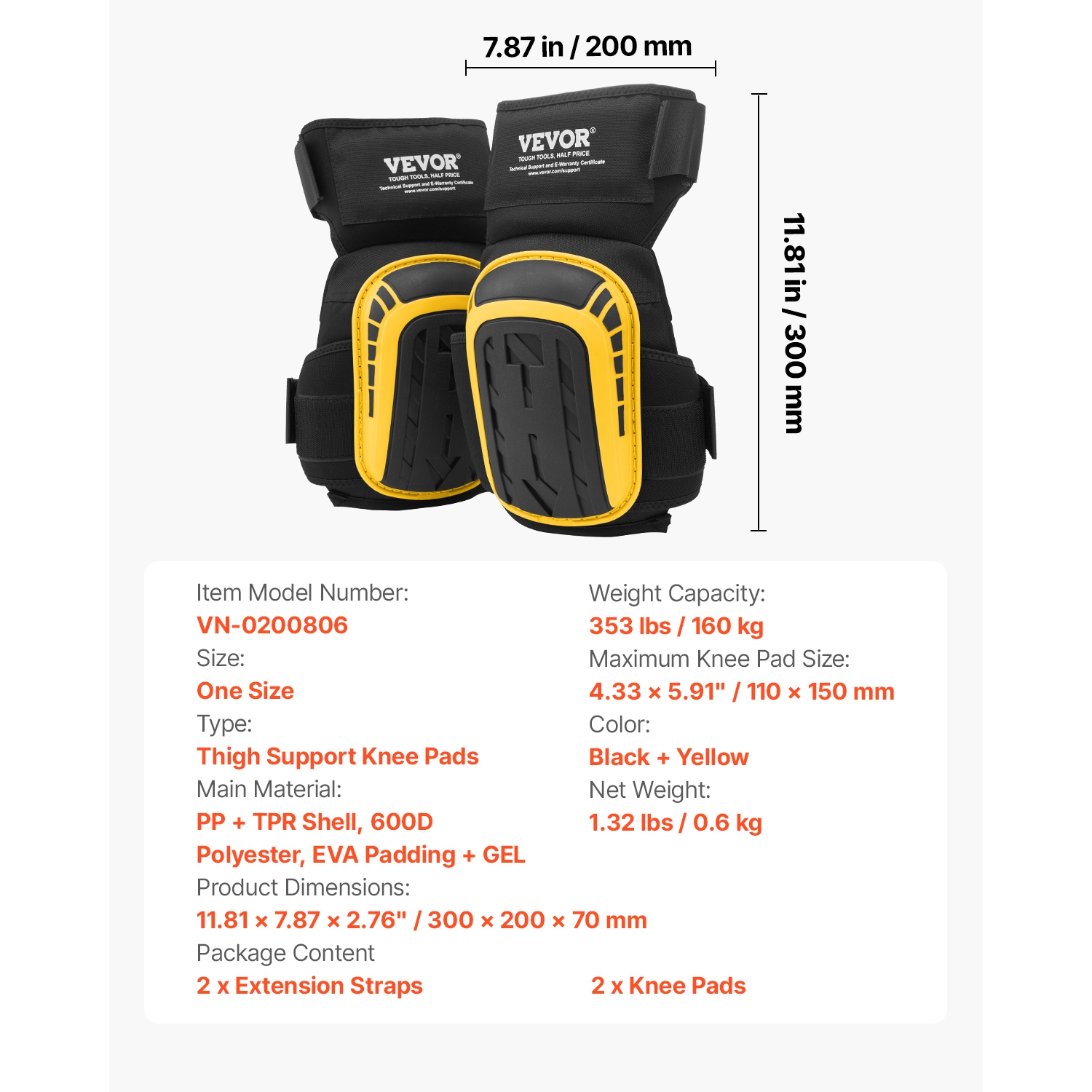 VEVOR Knee Pads for Work, Extended Heavy Duty Construction Knee Pads with 2 Extension Straps, Anti-slip Foam Gel Knee Pads,for Gardening Flooring