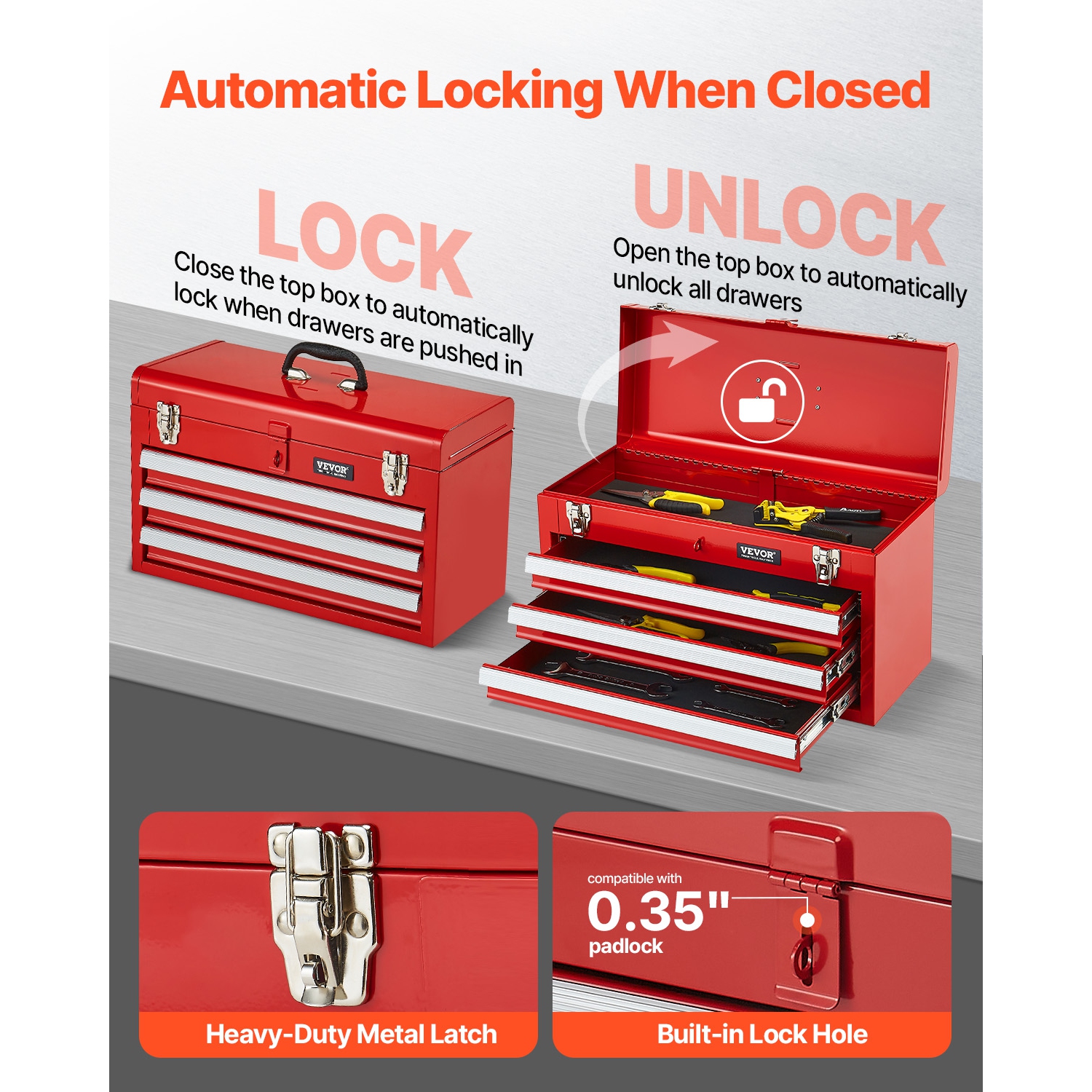 VEVOR 20.5-inch Portable Metal Tool Box with 3 Drawers,Small Tool Chest with EVA Liners,Ball Bearing Slide Drawers Locking & Powder Coated