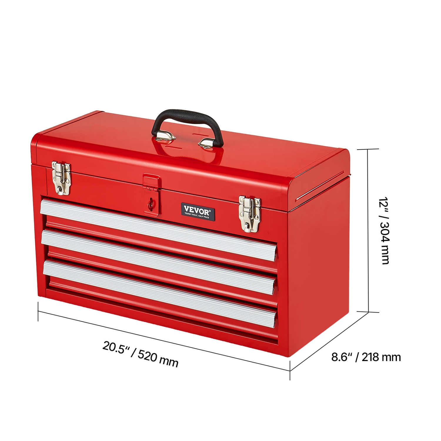 VEVOR 20.5-inch Portable Metal Tool Box with 3 Drawers,Small Tool Chest with EVA Liners,Ball Bearing Slide Drawers Locking & Powder Coated