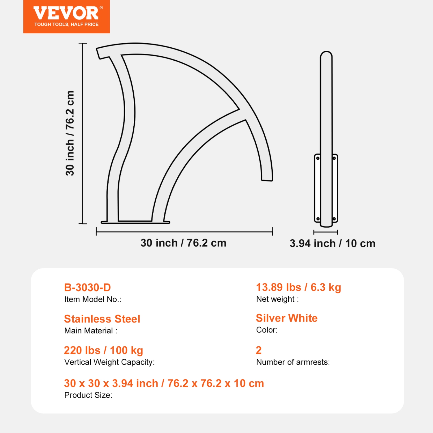 VEVOR 2 PCS 30x30 in Pool Railing, Stainless Steel with Base Plate for Pools,Swimming Pool Safety Railing for Decks,Rust-Proof Grab Bar w/ Grip