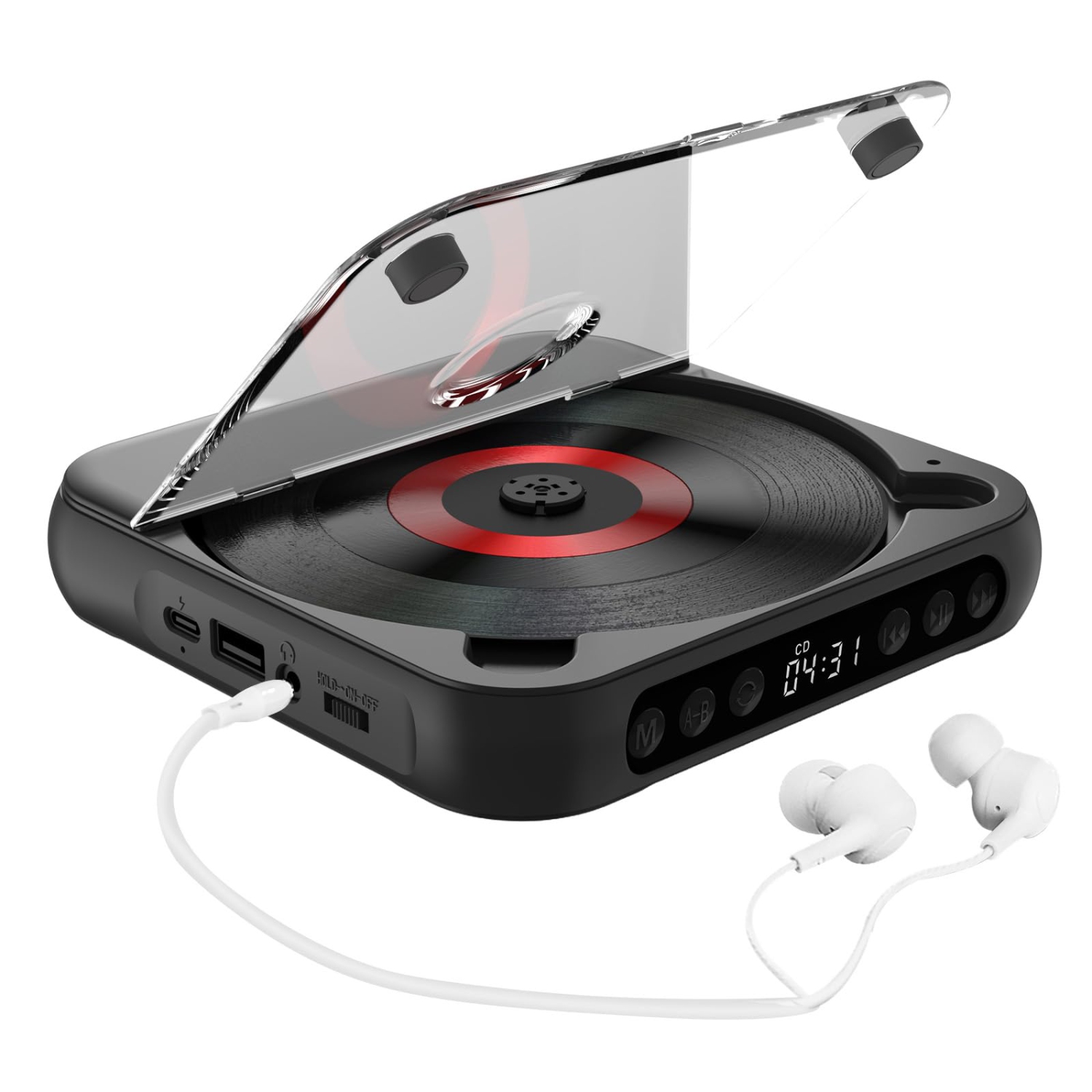CD player portable bluetooth music player with dust cover, earphones, suitable for home and travel-Black
