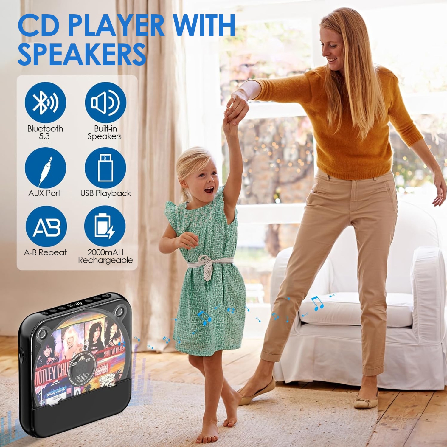 CD player portable bluetooth music player with dust cover, earphones, suitable for home and travel-Black