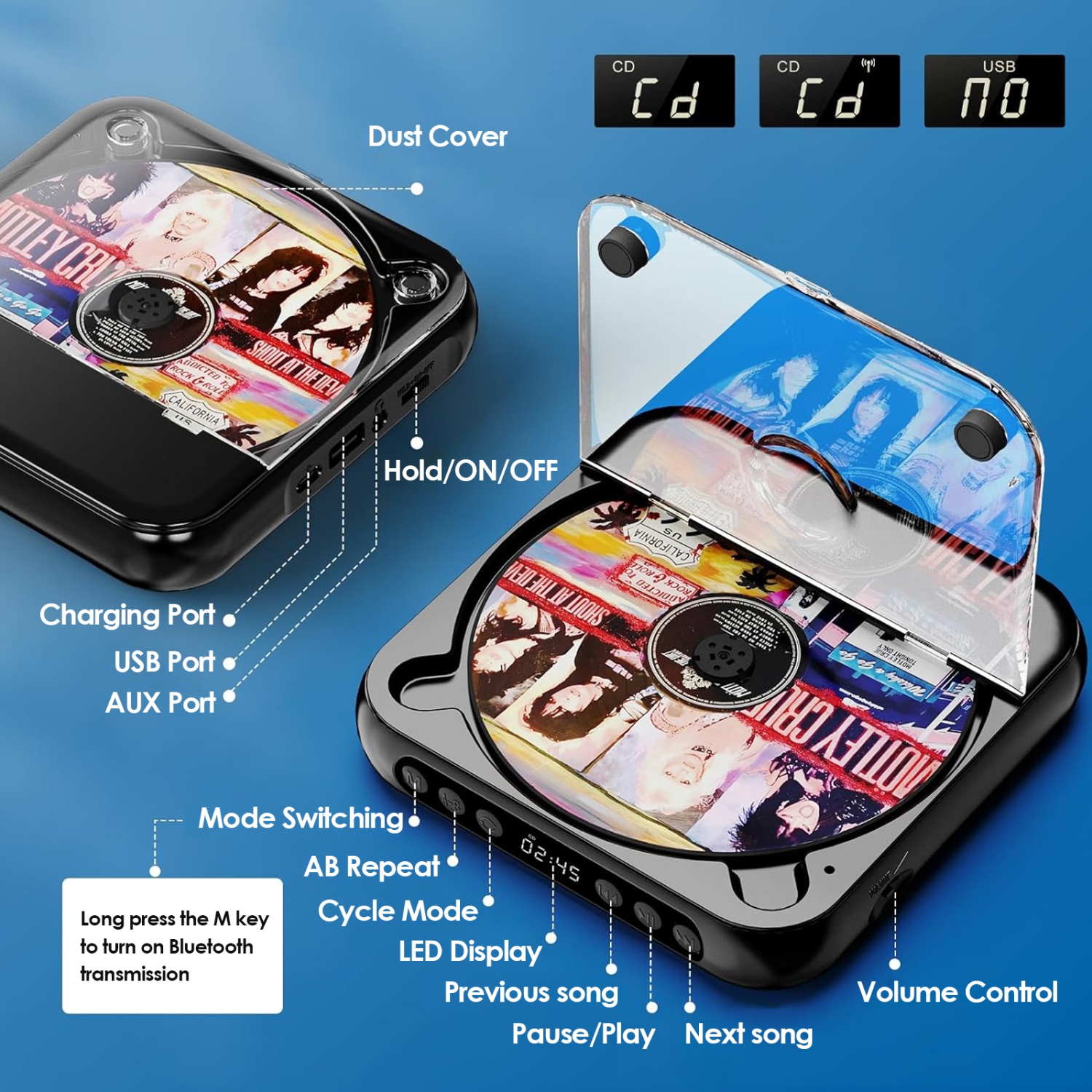 CD player portable bluetooth music player with dust cover, earphones, suitable for home and travel-Black