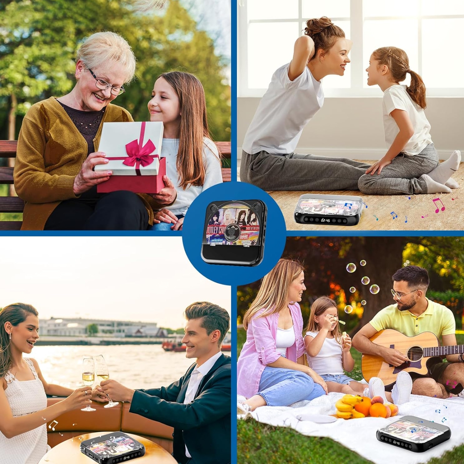 CD player portable bluetooth music player with dust cover, earphones, suitable for home and travel-Black